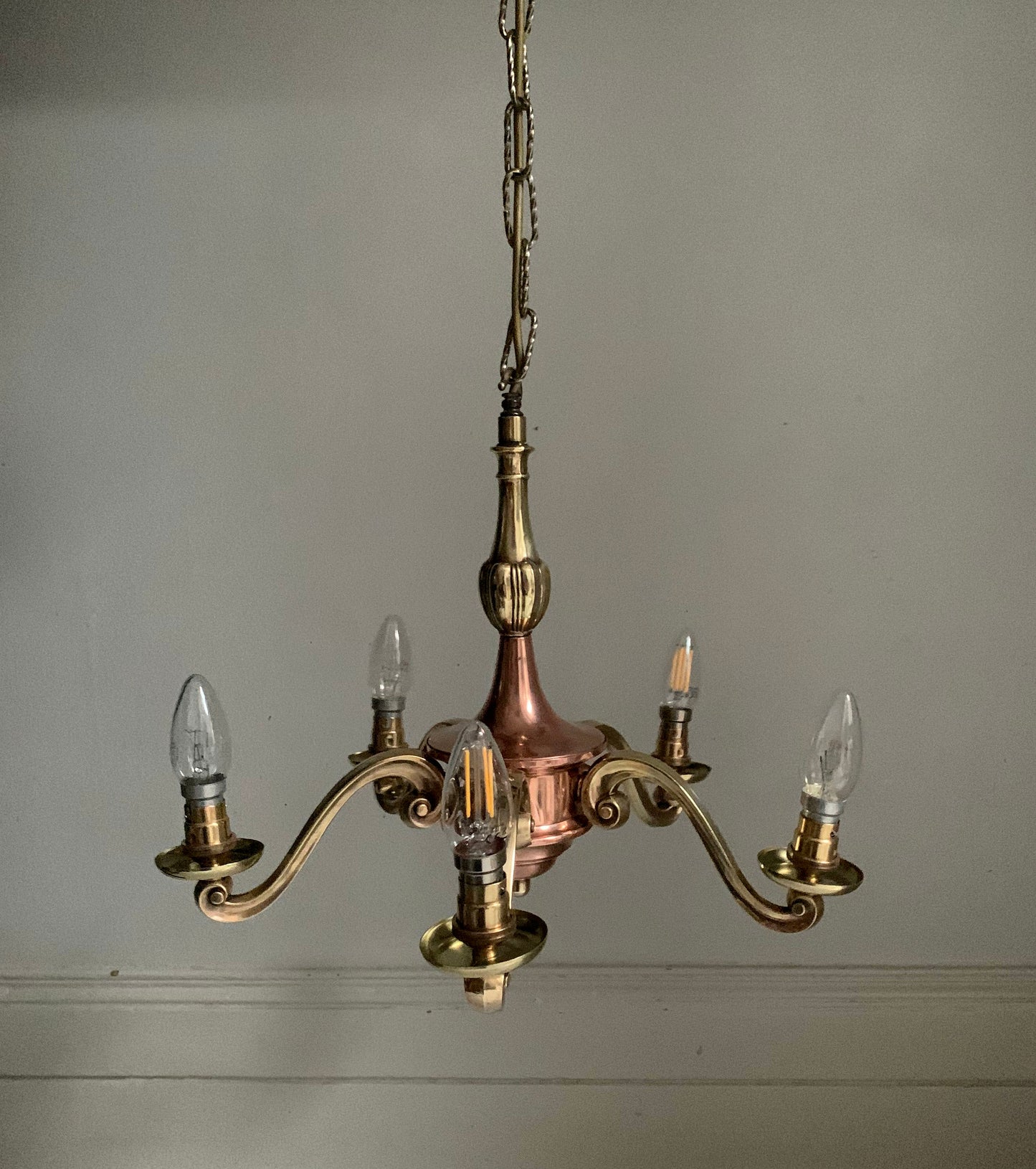 Vintage Five Arm Brass & Copper Chandelier - Flemish/Dutch Revival Style
