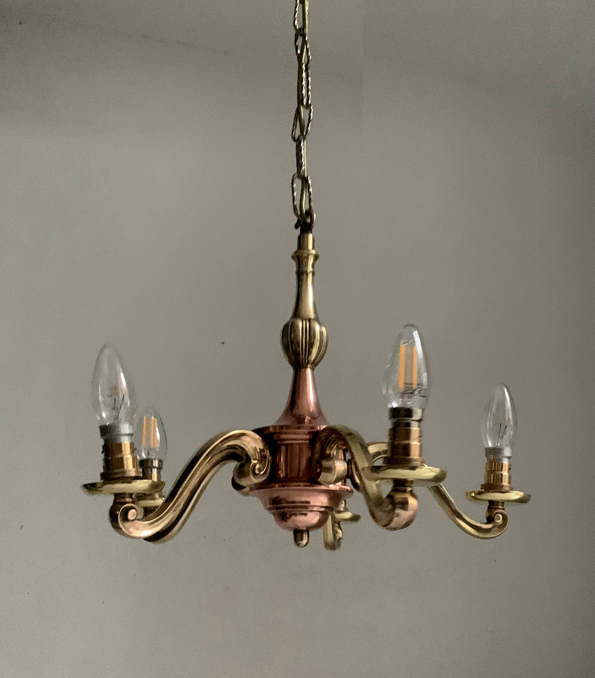 Vintage Five Arm Brass & Copper Chandelier - Flemish/Dutch Revival Style
