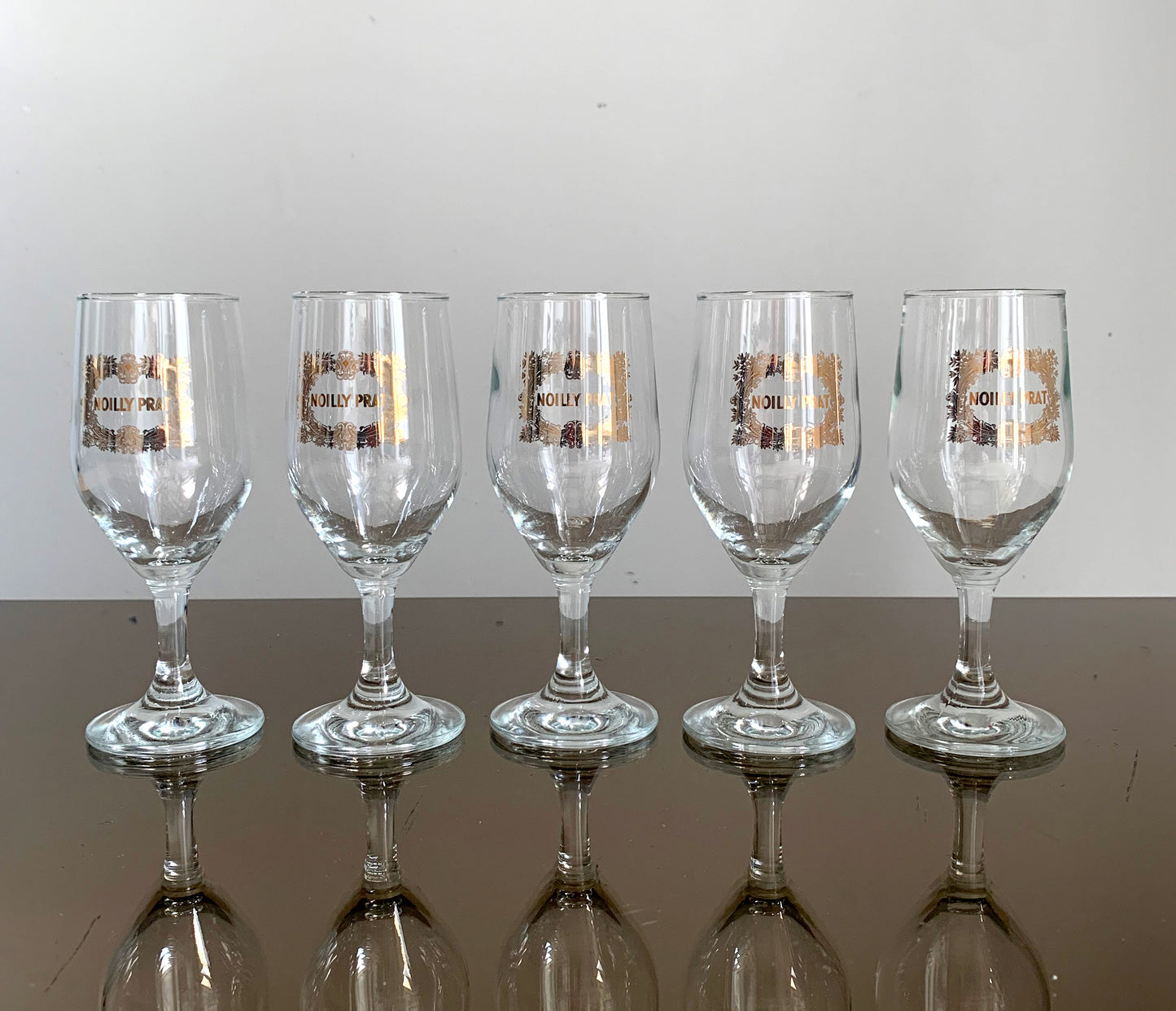 5 x Vintage French 'Noilly Prat' Stemmed Glasses With Gold Branding