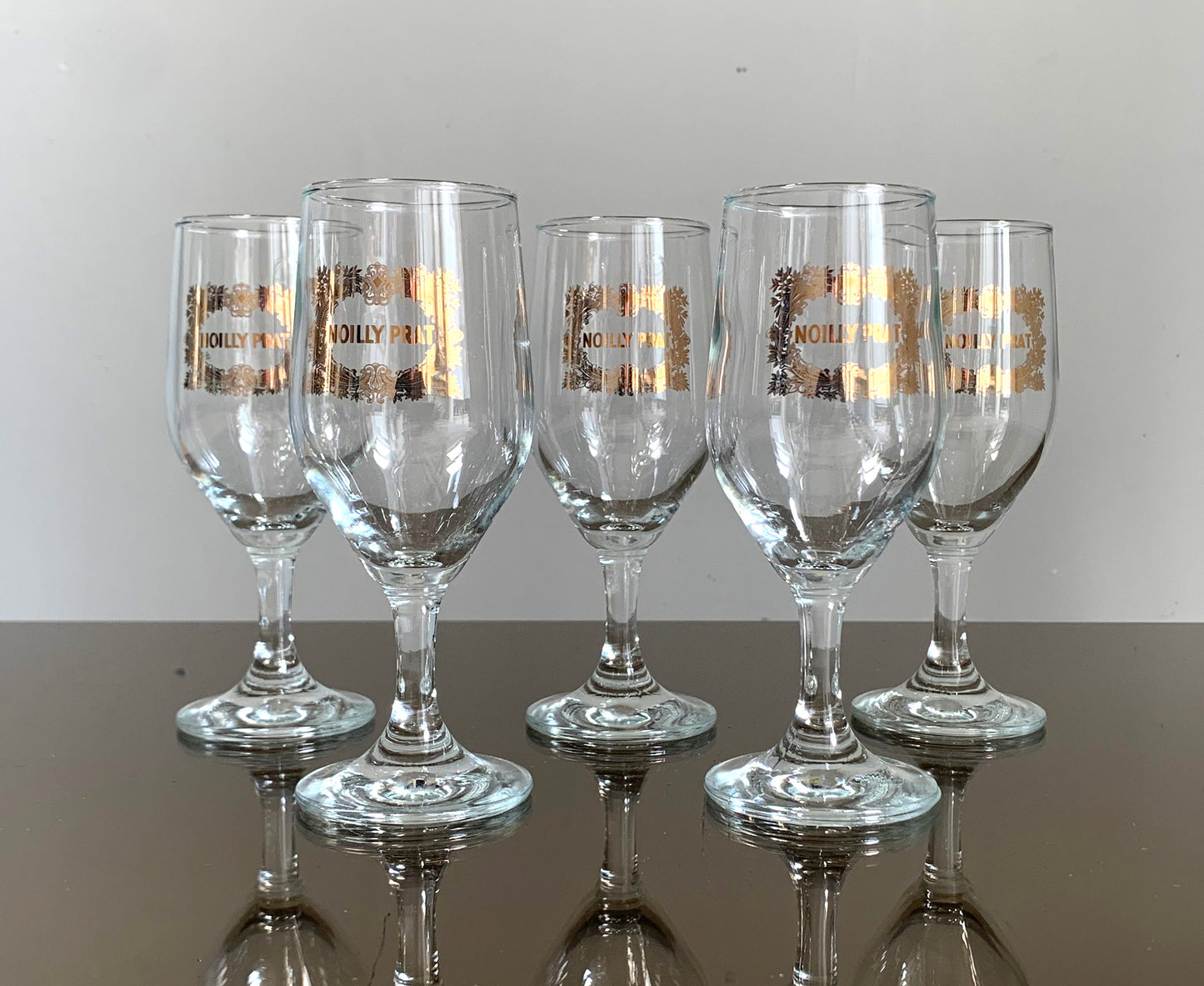 5 x Vintage French 'Noilly Prat' Stemmed Glasses With Gold Branding