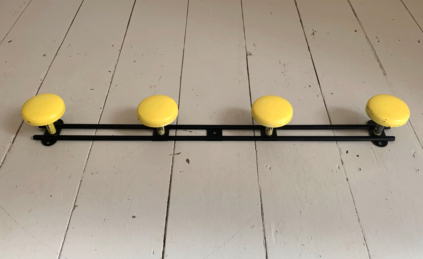 Vintage French Wall Mounted Atomic Four Hook Metal Coat Rack in Yellow & Black