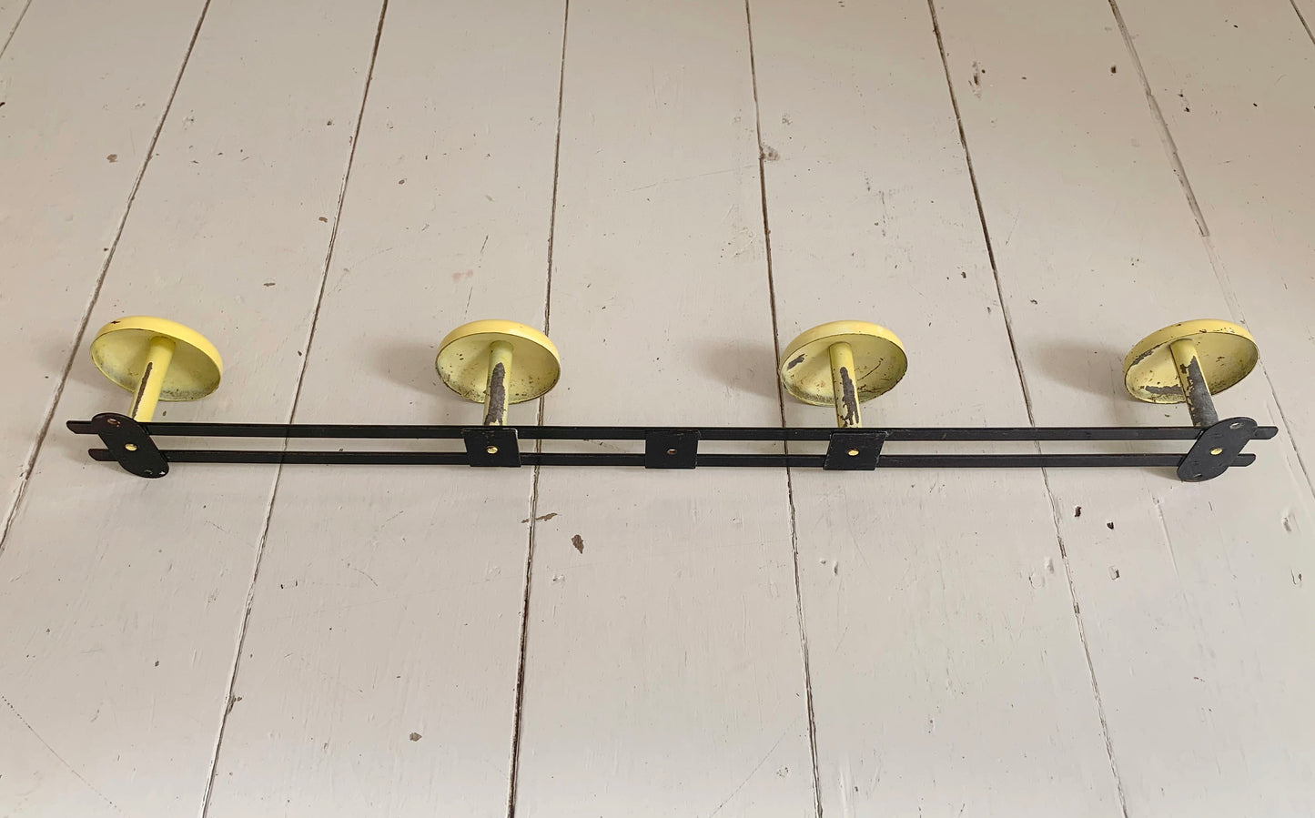 Vintage French Wall Mounted Atomic Four Hook Metal Coat Rack in Yellow & Black