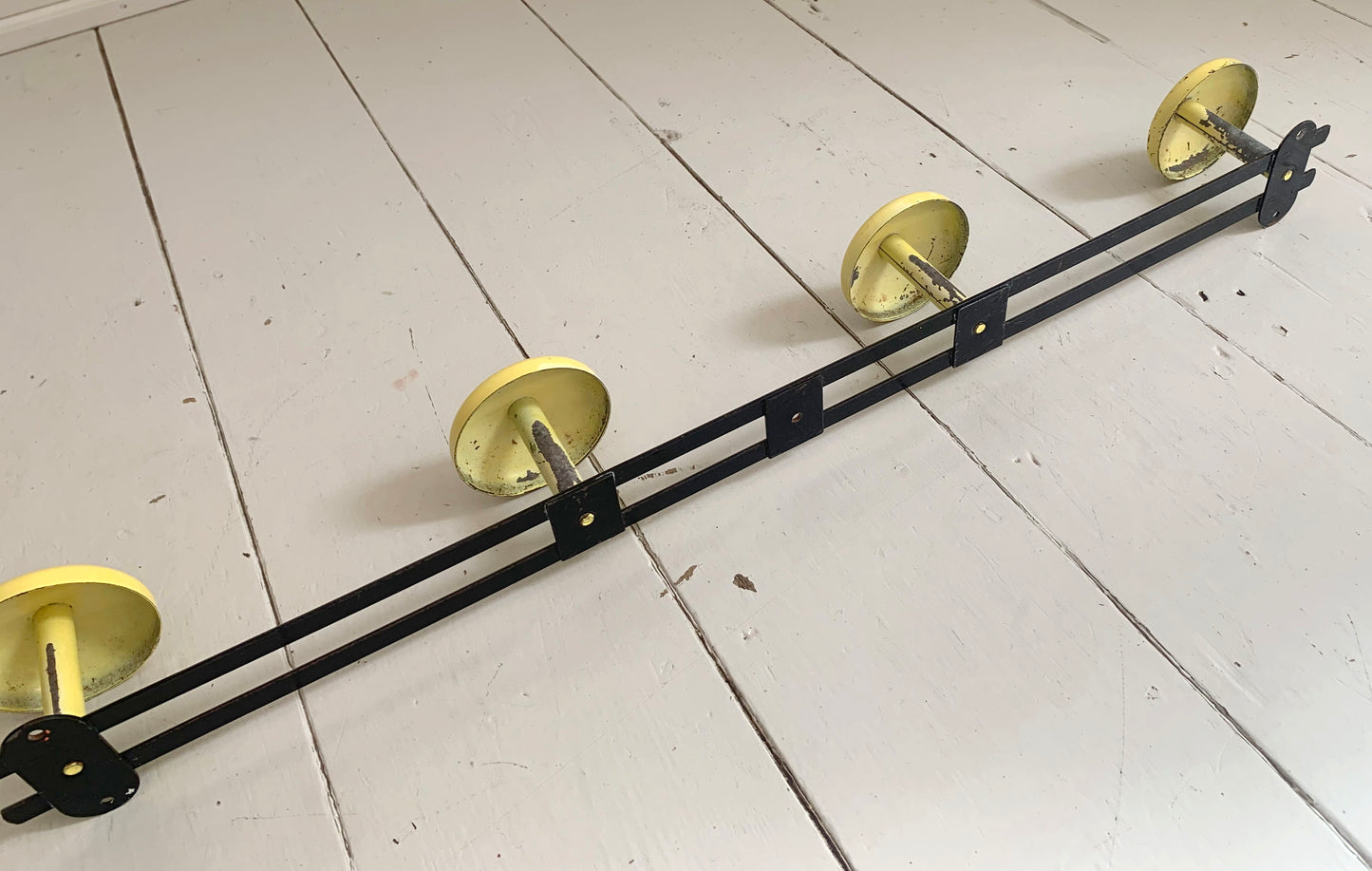 Vintage French Wall Mounted Atomic Four Hook Metal Coat Rack in Yellow & Black