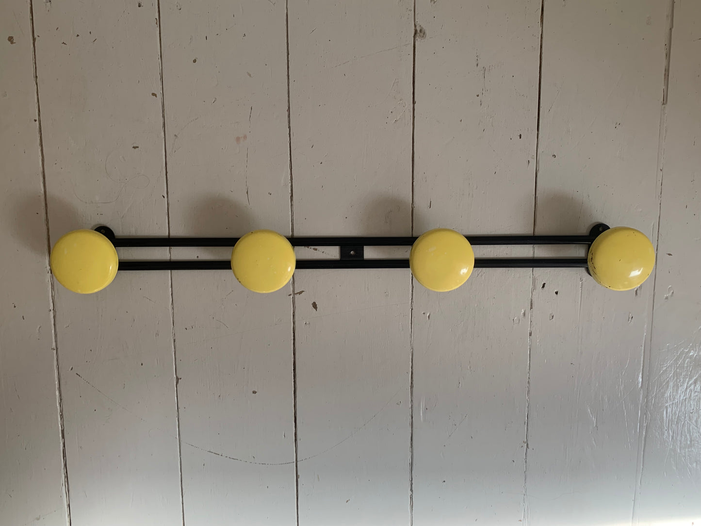 Vintage French Wall Mounted Atomic Four Hook Metal Coat Rack in Yellow & Black