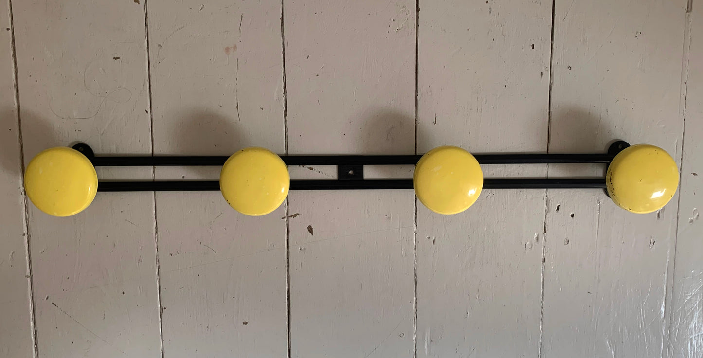 Vintage French Wall Mounted Atomic Four Hook Metal Coat Rack in Yellow & Black