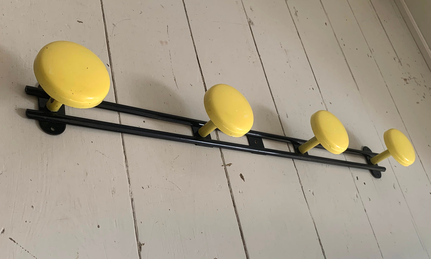 Vintage French Wall Mounted Atomic Four Hook Metal Coat Rack in Yellow & Black