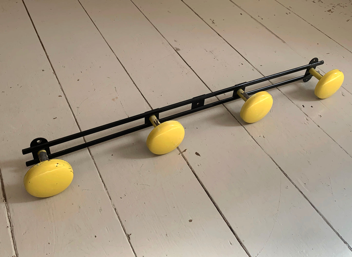 Vintage French Wall Mounted Atomic Four Hook Metal Coat Rack in Yellow & Black