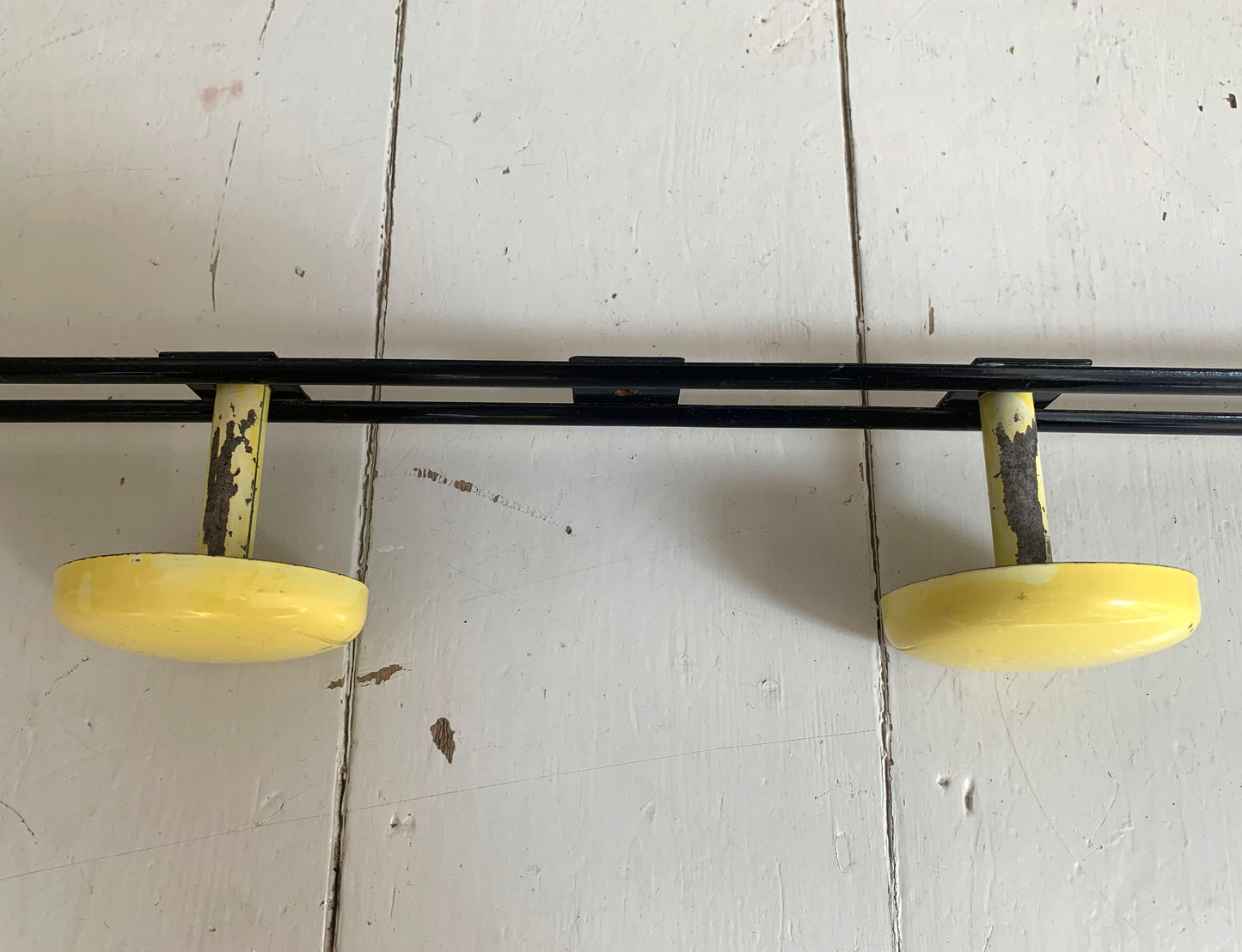 Vintage French Wall Mounted Atomic Four Hook Metal Coat Rack in Yellow & Black