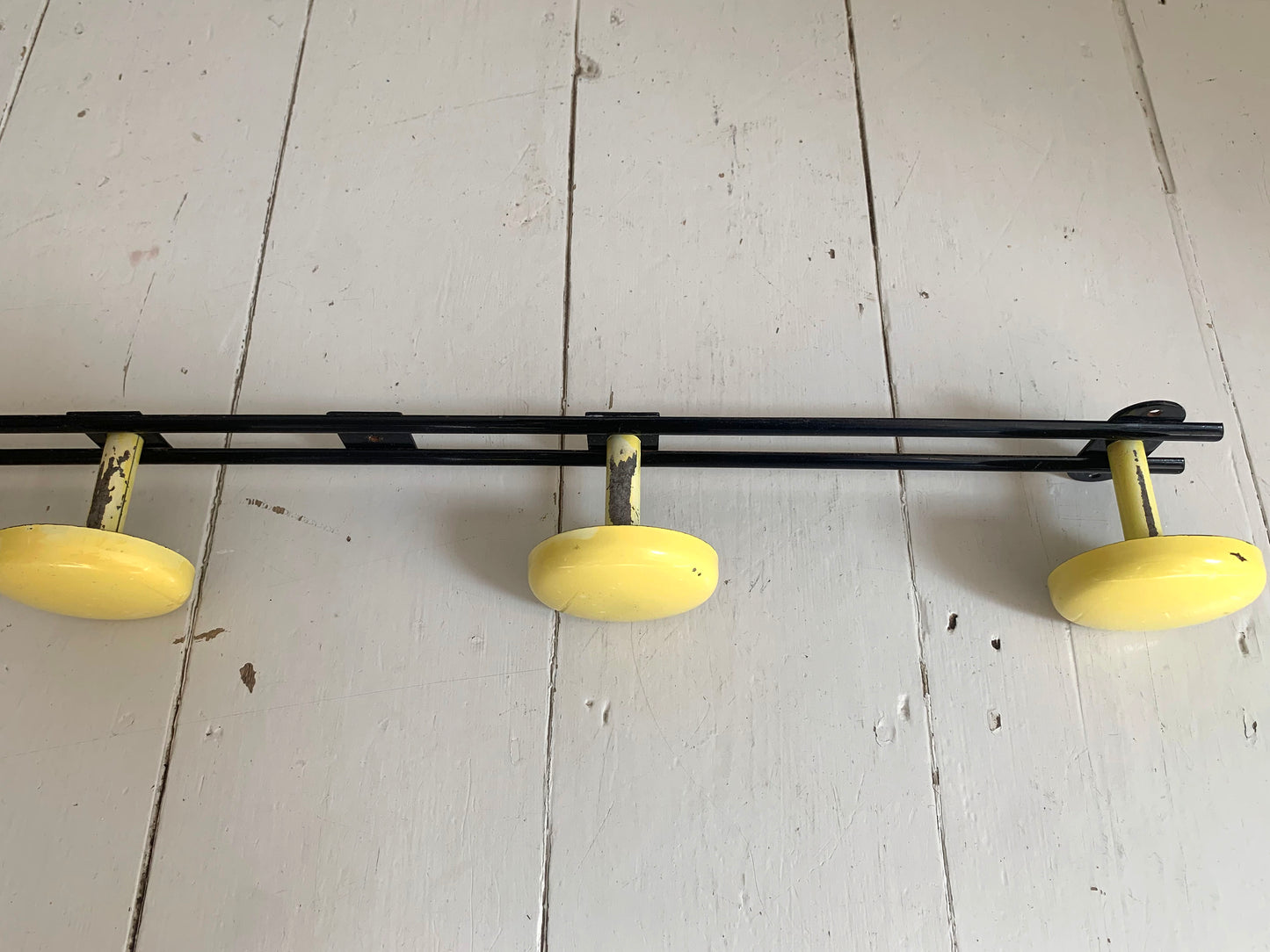 Vintage French Wall Mounted Atomic Four Hook Metal Coat Rack in Yellow & Black