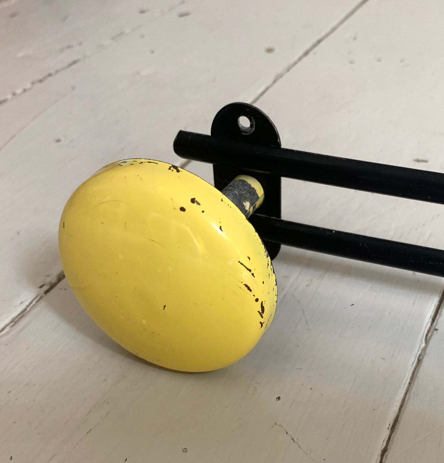 Vintage French Wall Mounted Atomic Four Hook Metal Coat Rack in Yellow & Black