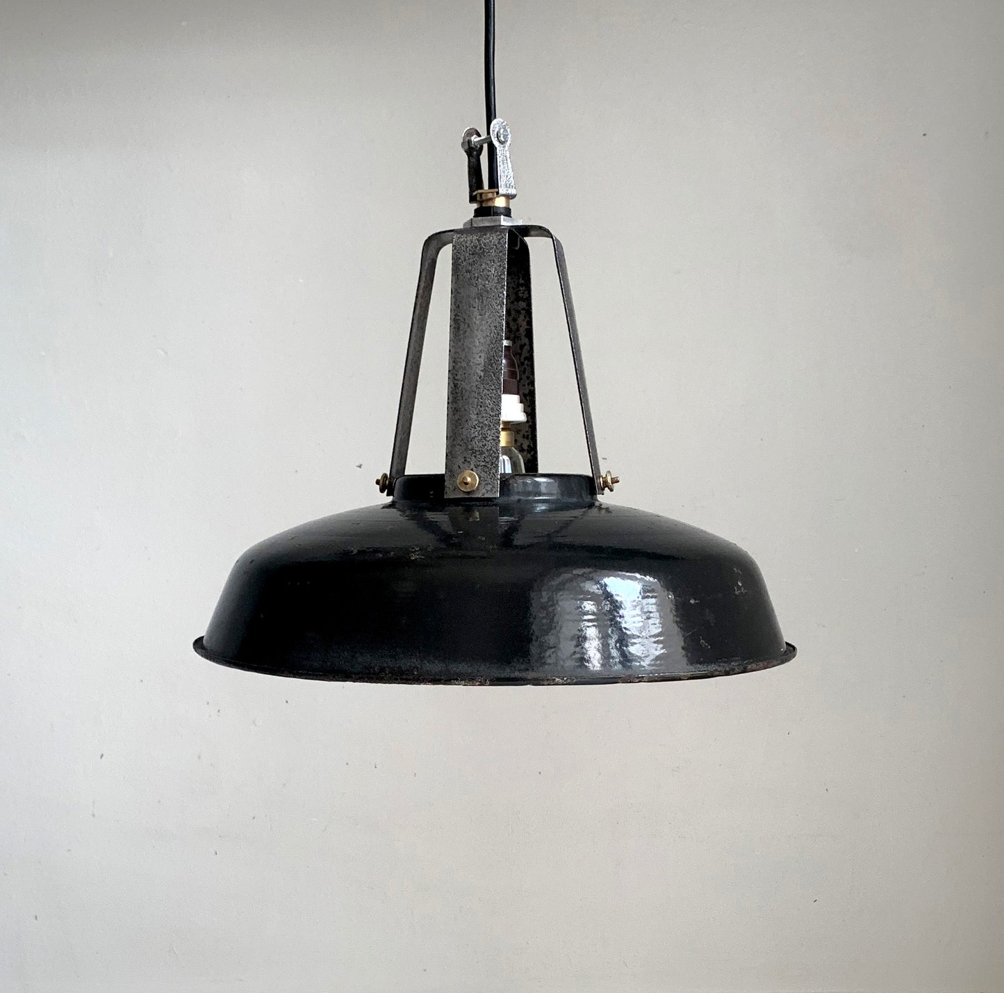 Vintage French Black Enamel Industrial Light Shade with Great Patina