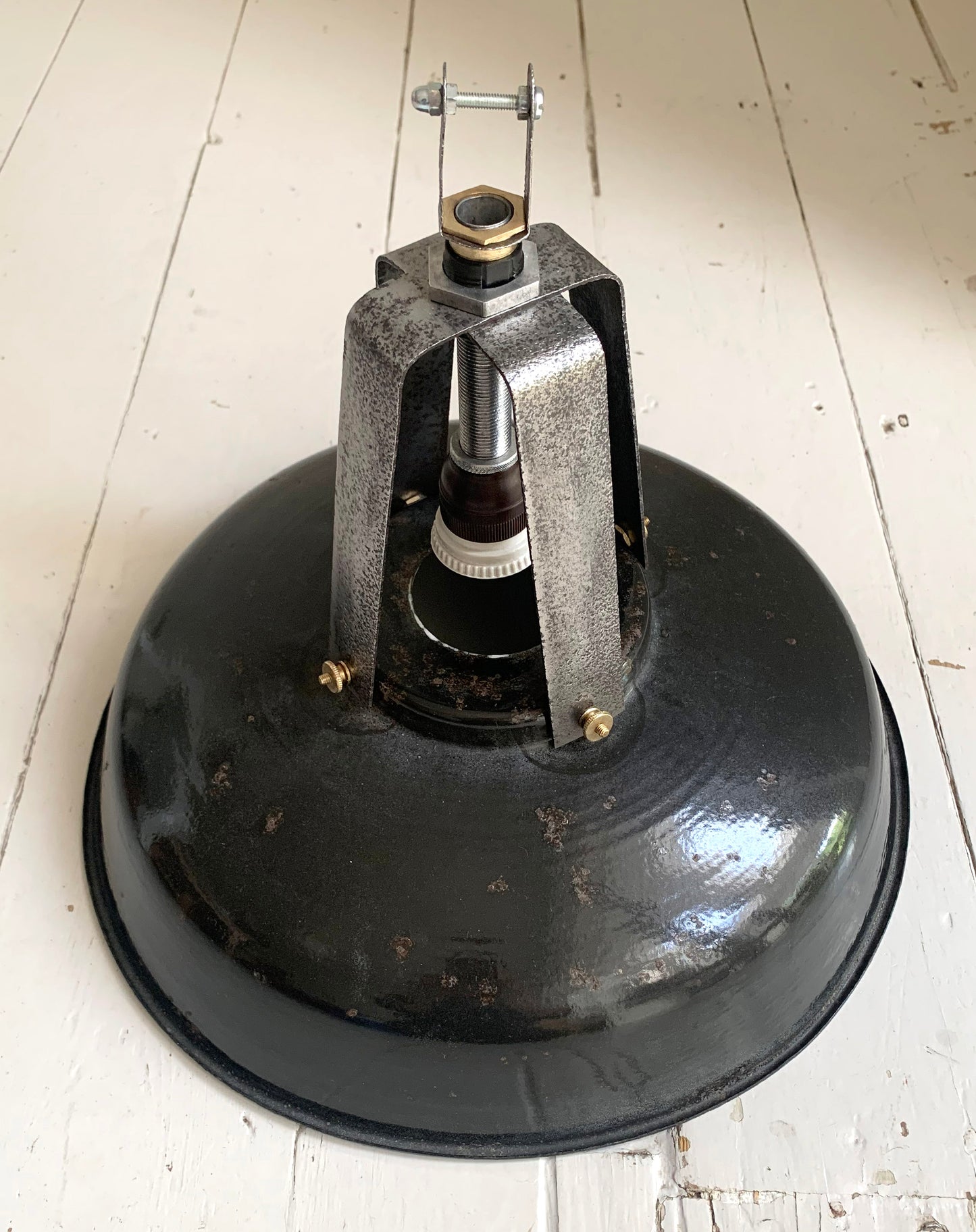 Vintage French Black Enamel Industrial Light Shade with Great Patina
