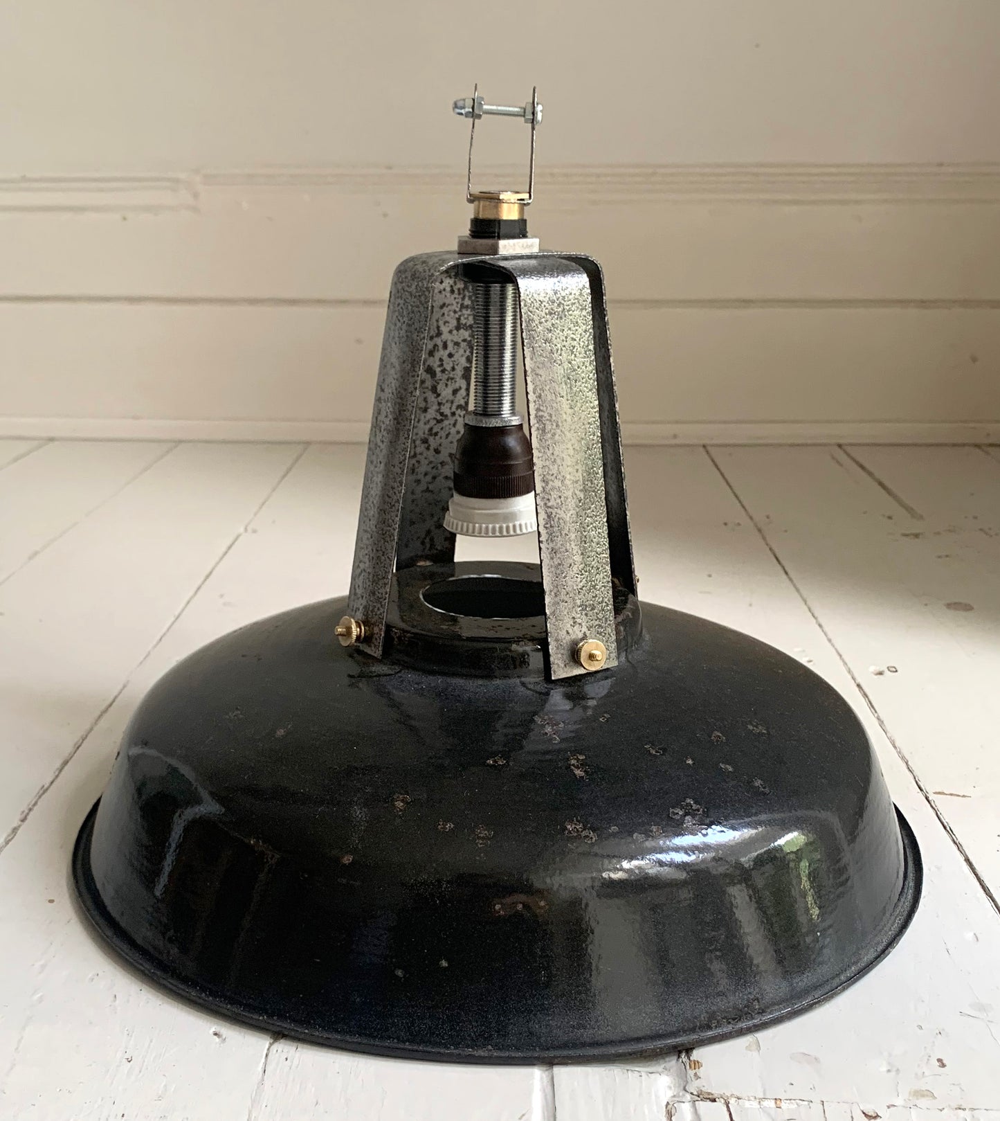 Vintage French Black Enamel Industrial Light Shade with Great Patina