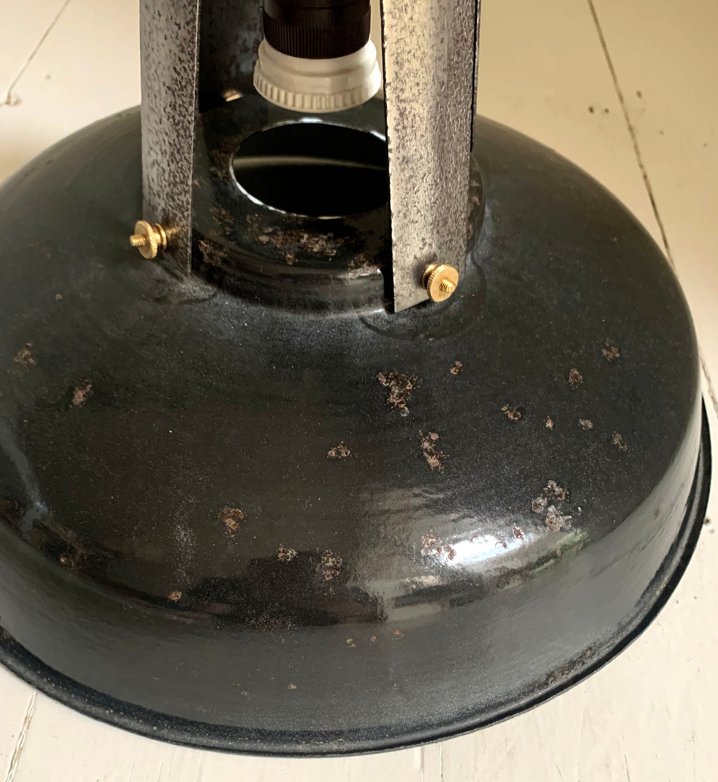 Vintage French Black Enamel Industrial Light Shade with Great Patina
