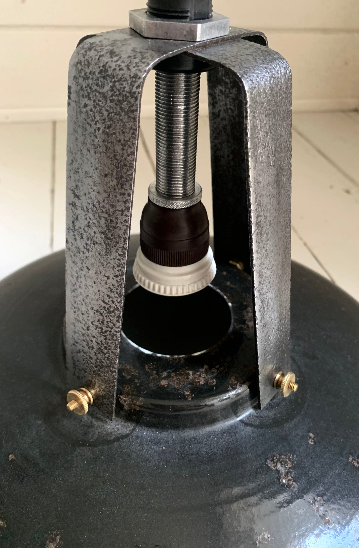 Vintage French Black Enamel Industrial Light Shade with Great Patina