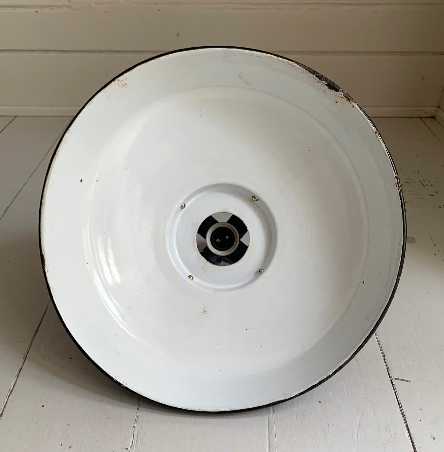 Vintage French Black Enamel Industrial Light Shade with Great Patina