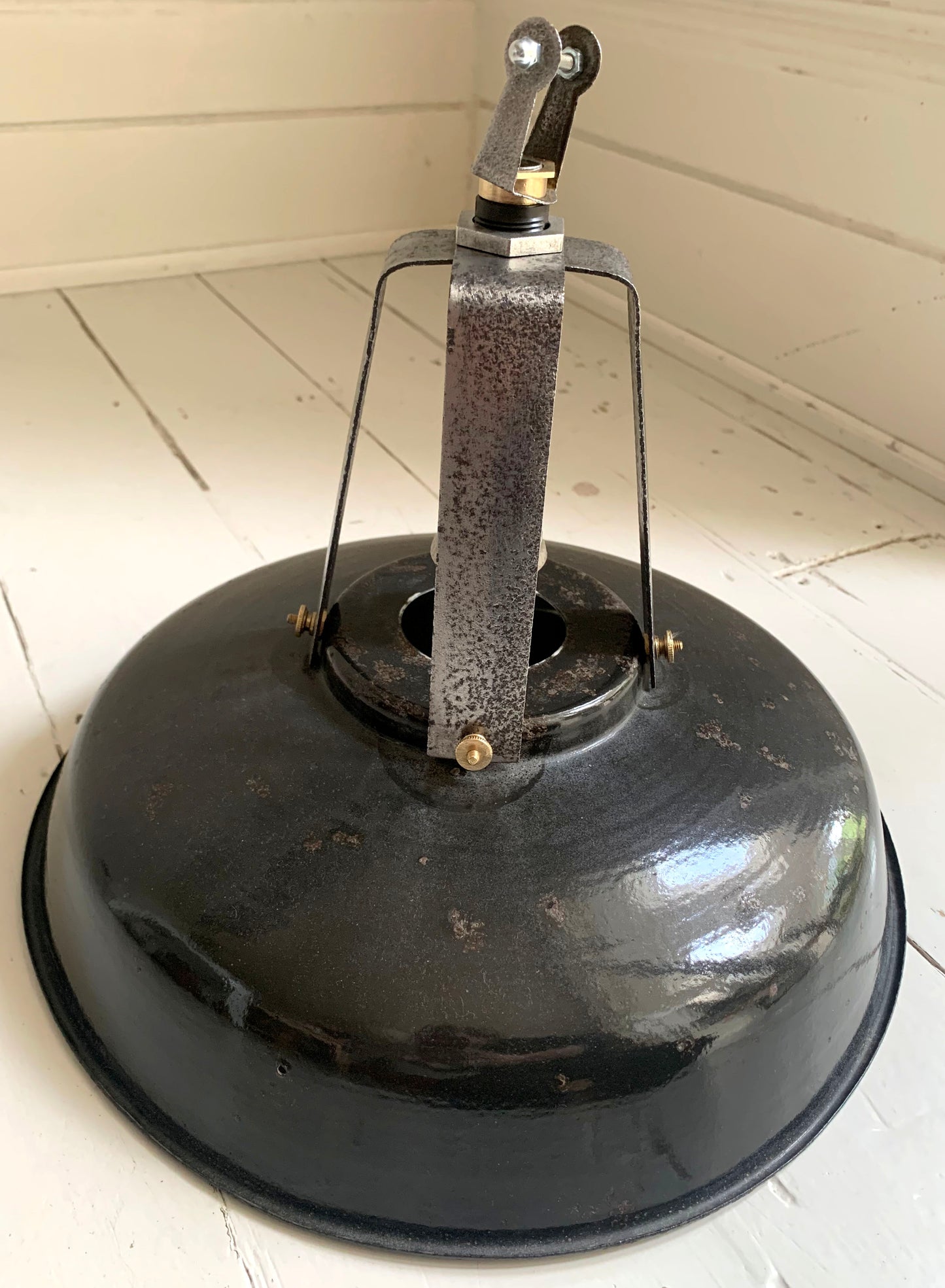 Vintage French Black Enamel Industrial Light Shade with Great Patina