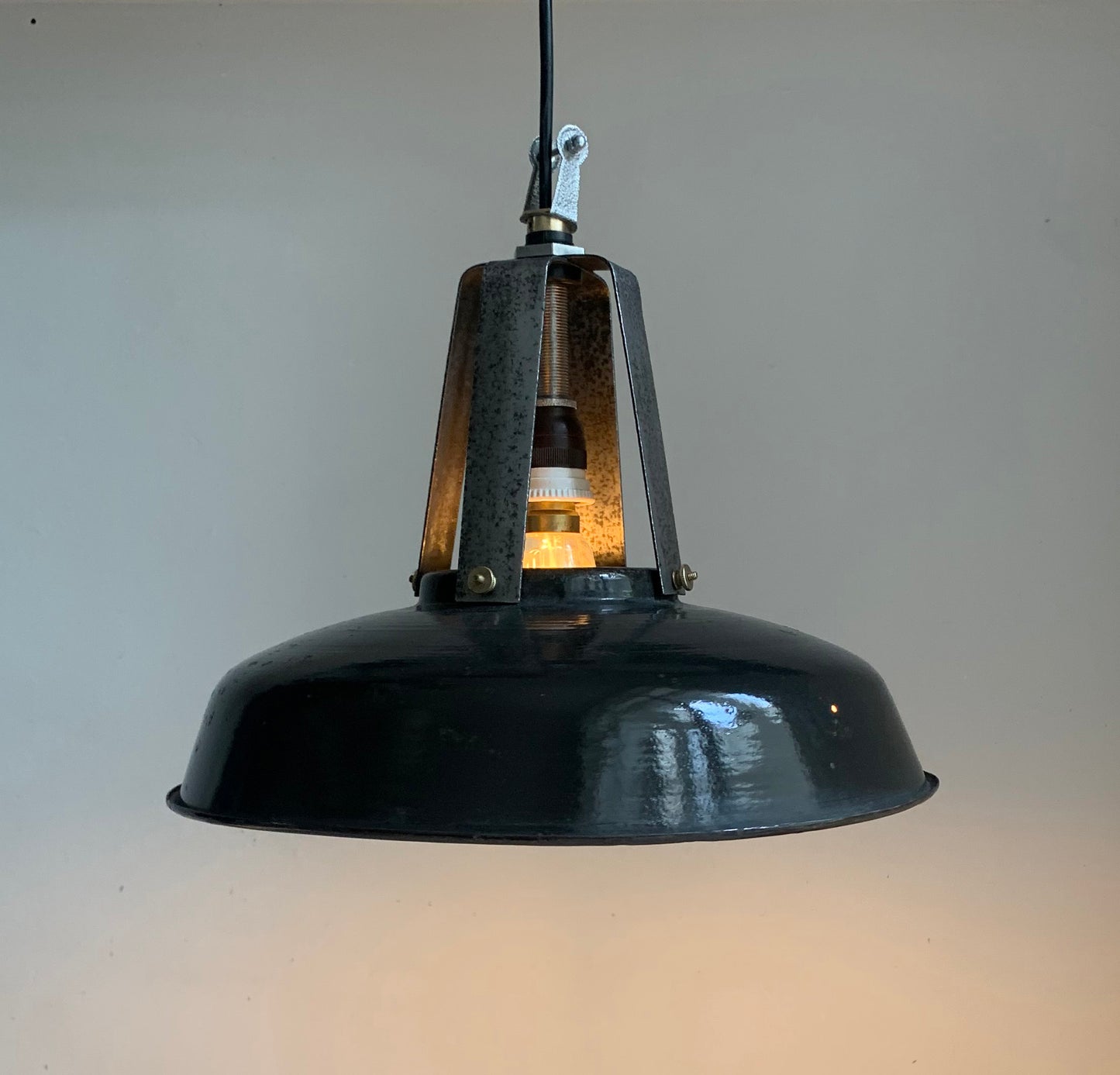 Vintage French Black Enamel Industrial Light Shade with Great Patina