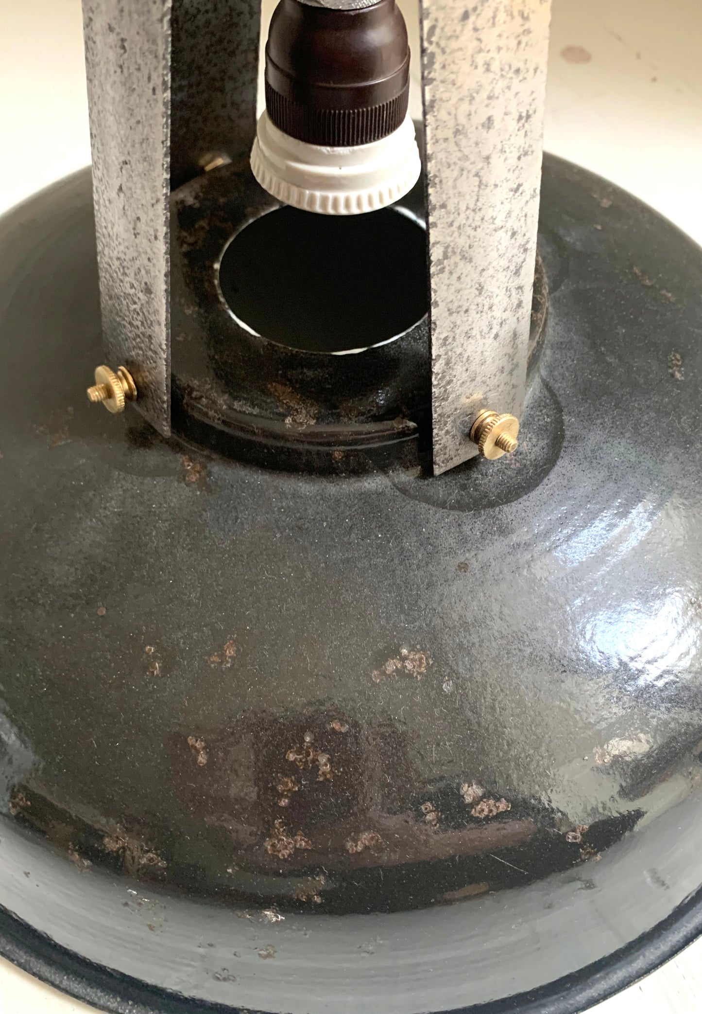 Vintage French Black Enamel Industrial Light Shade with Great Patina