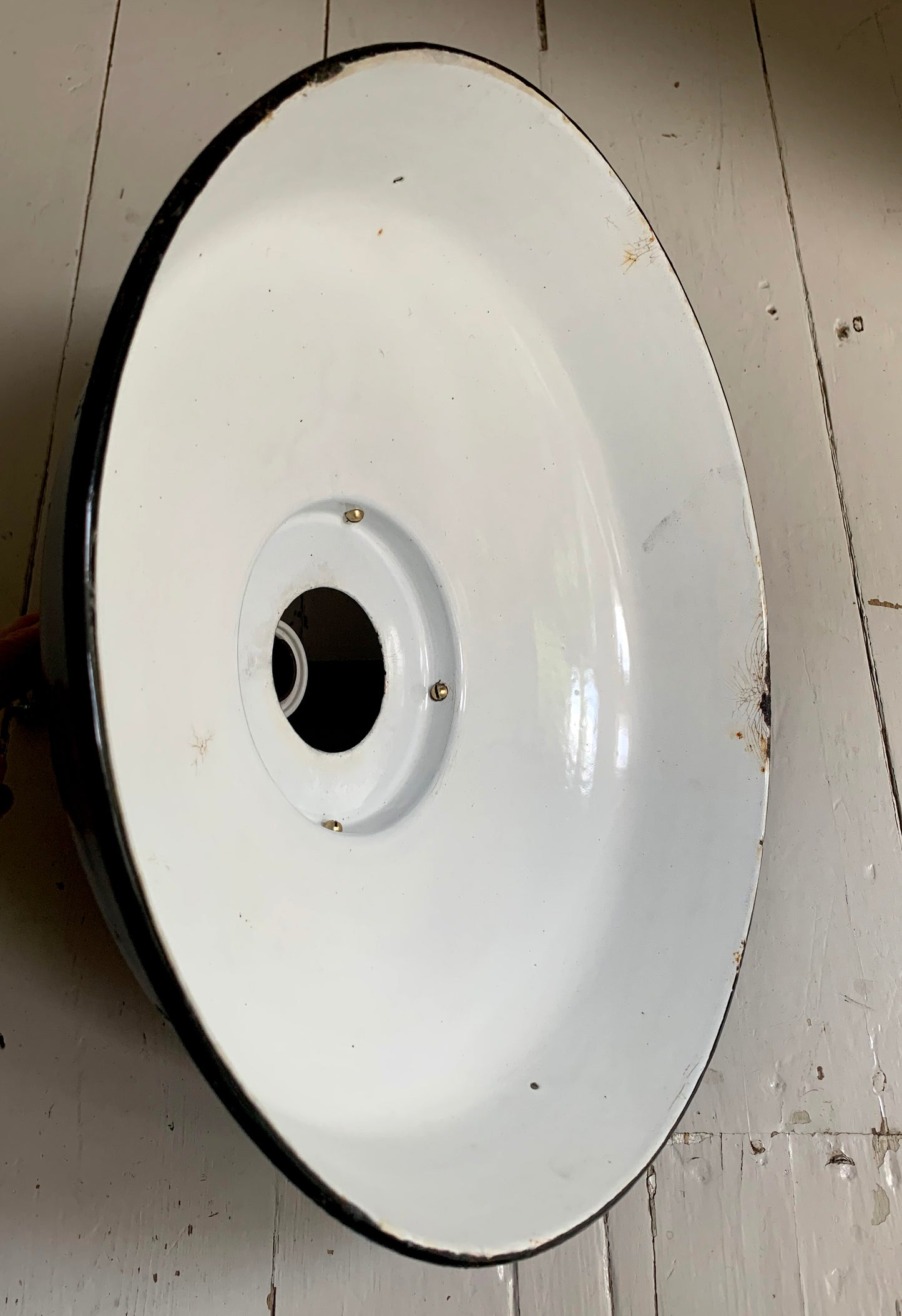 Vintage French Black Enamel Industrial Light Shade with Great Patina