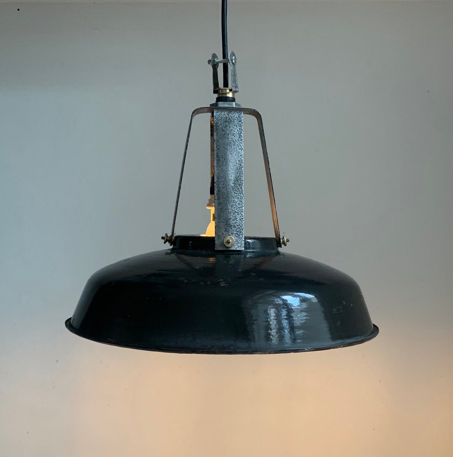 Vintage French Black Enamel Industrial Light Shade with Great Patina
