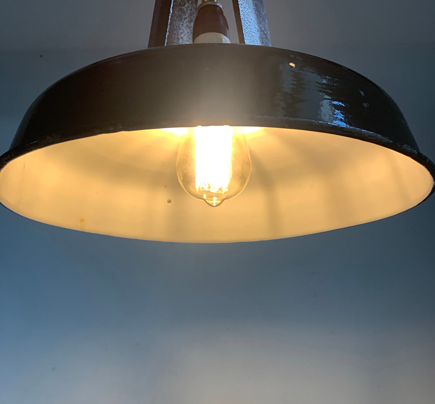 Vintage French Black Enamel Industrial Light Shade with Great Patina