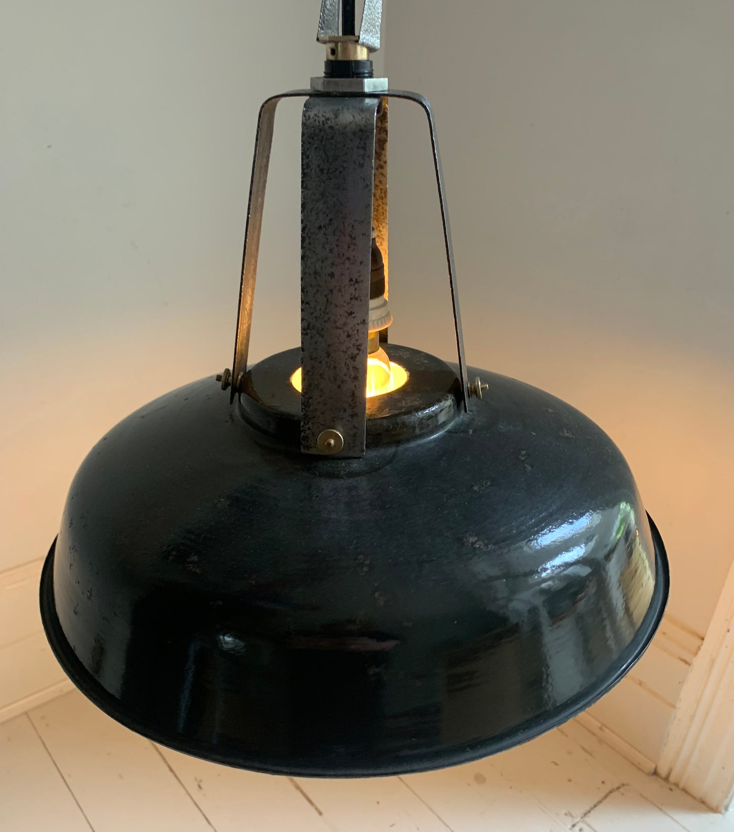 Vintage French Black Enamel Industrial Light Shade with Great Patina