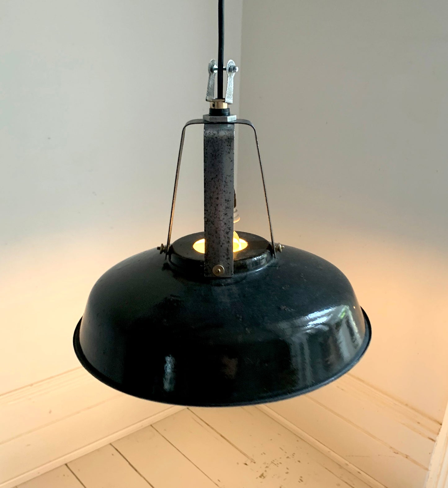 Vintage French Black Enamel Industrial Light Shade with Great Patina