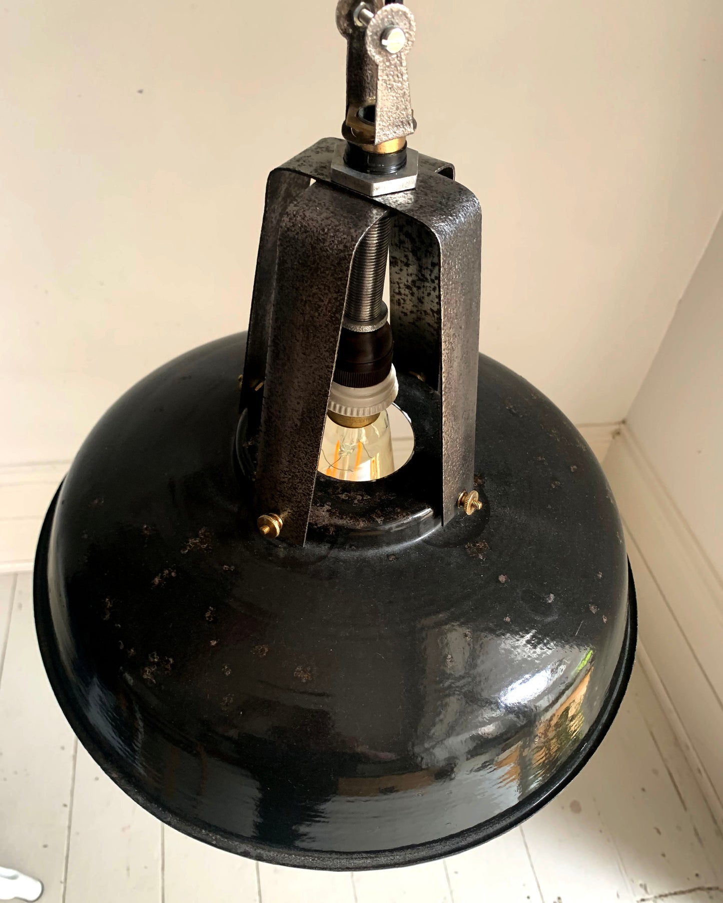 Vintage French Black Enamel Industrial Light Shade with Great Patina