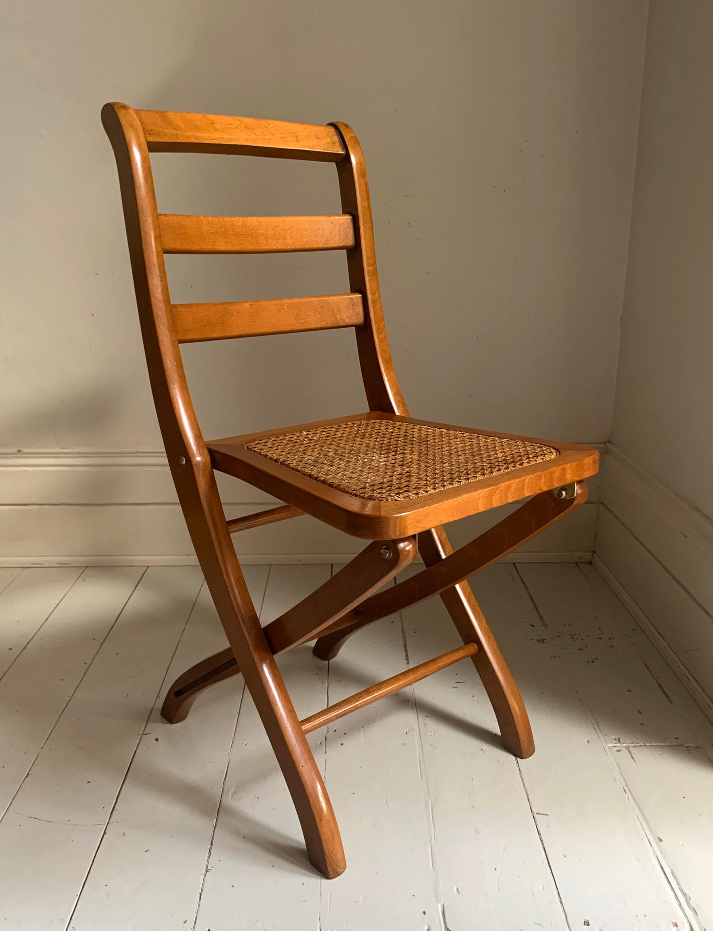 Vintage French Folding Wooden & Rattan Chair by Grange