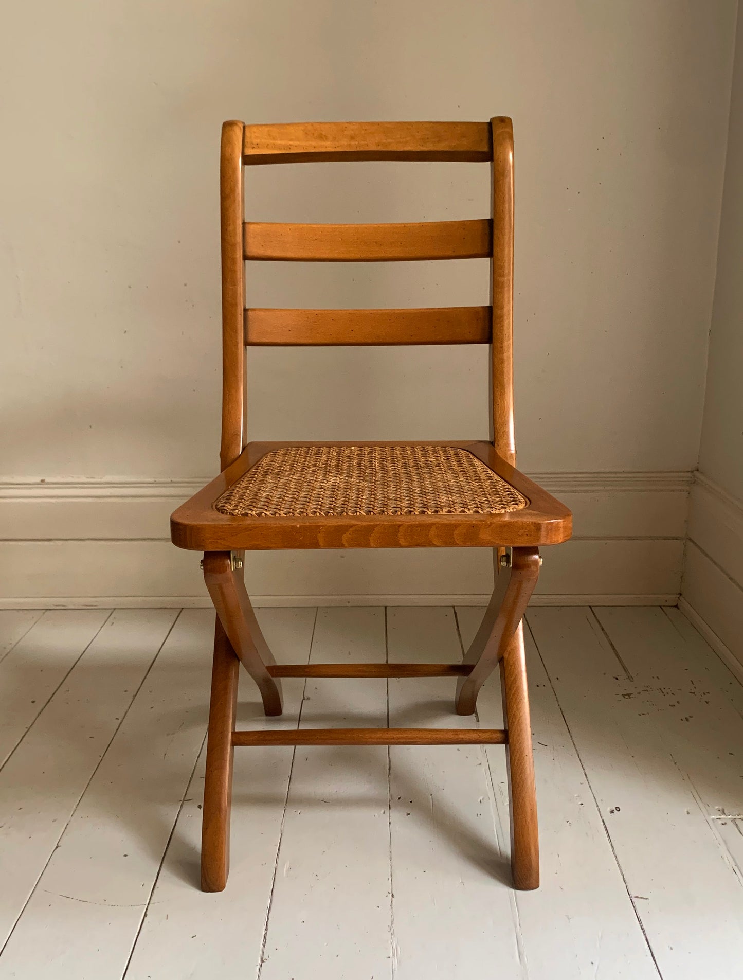 Vintage French Folding Wooden & Rattan Chair by Grange