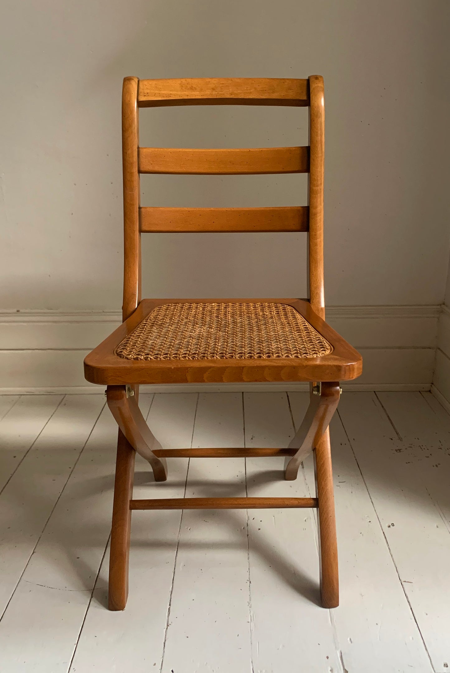 Vintage French Folding Wooden & Rattan Chair by Grange