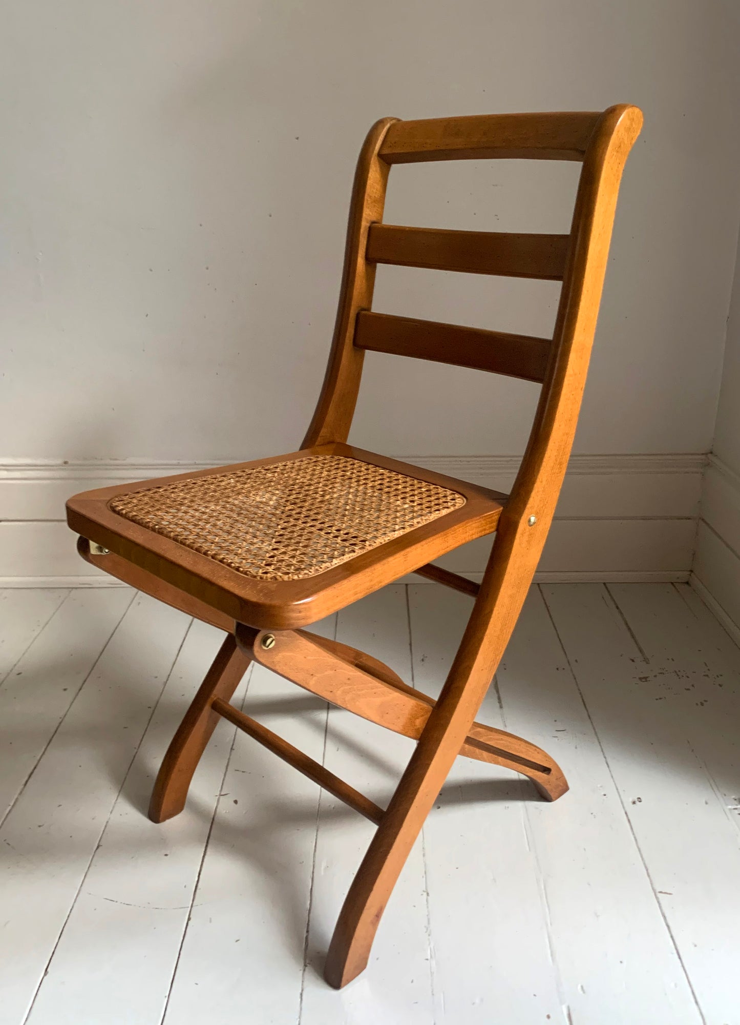 Vintage French Folding Wooden & Rattan Chair by Grange