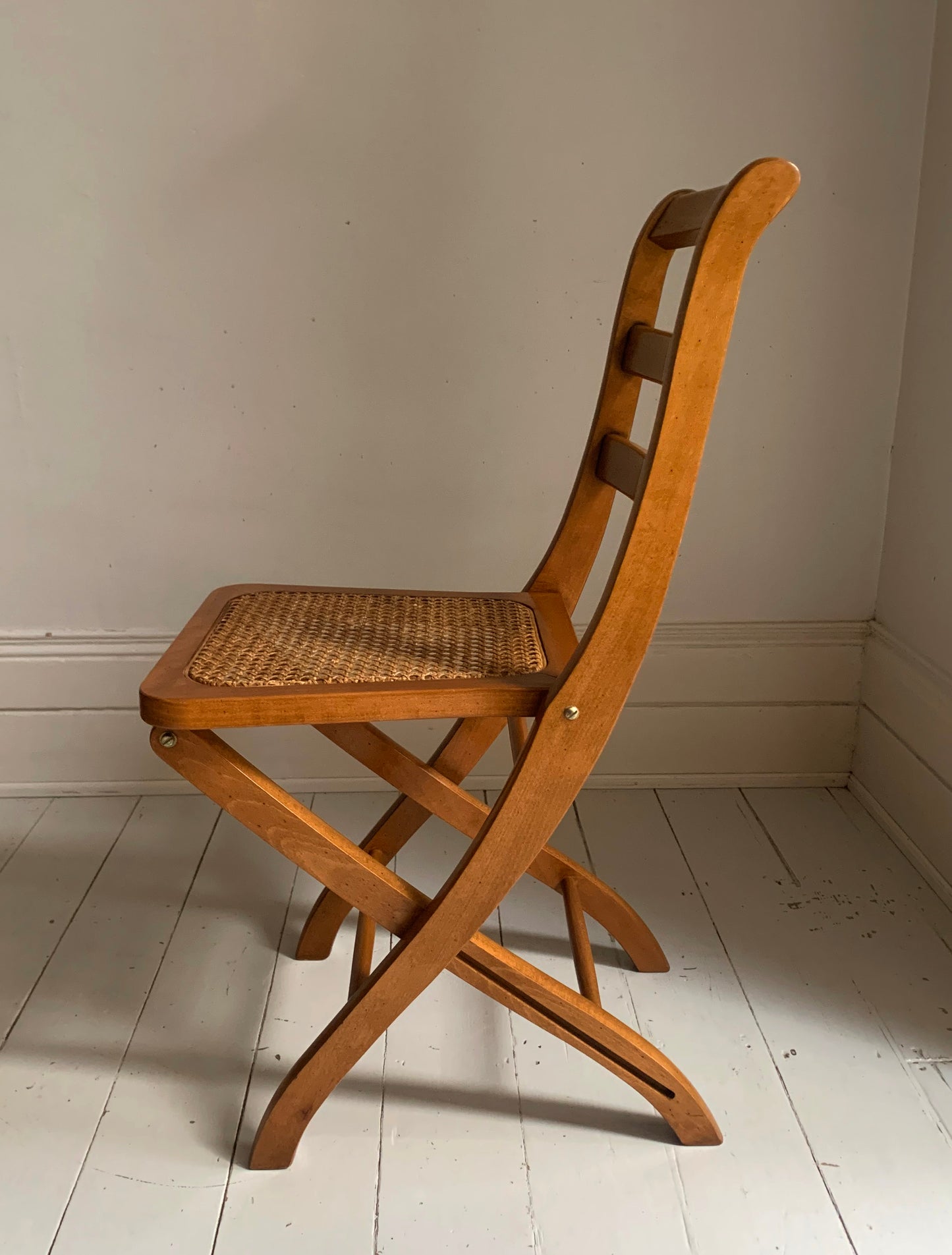 Vintage French Folding Wooden & Rattan Chair by Grange