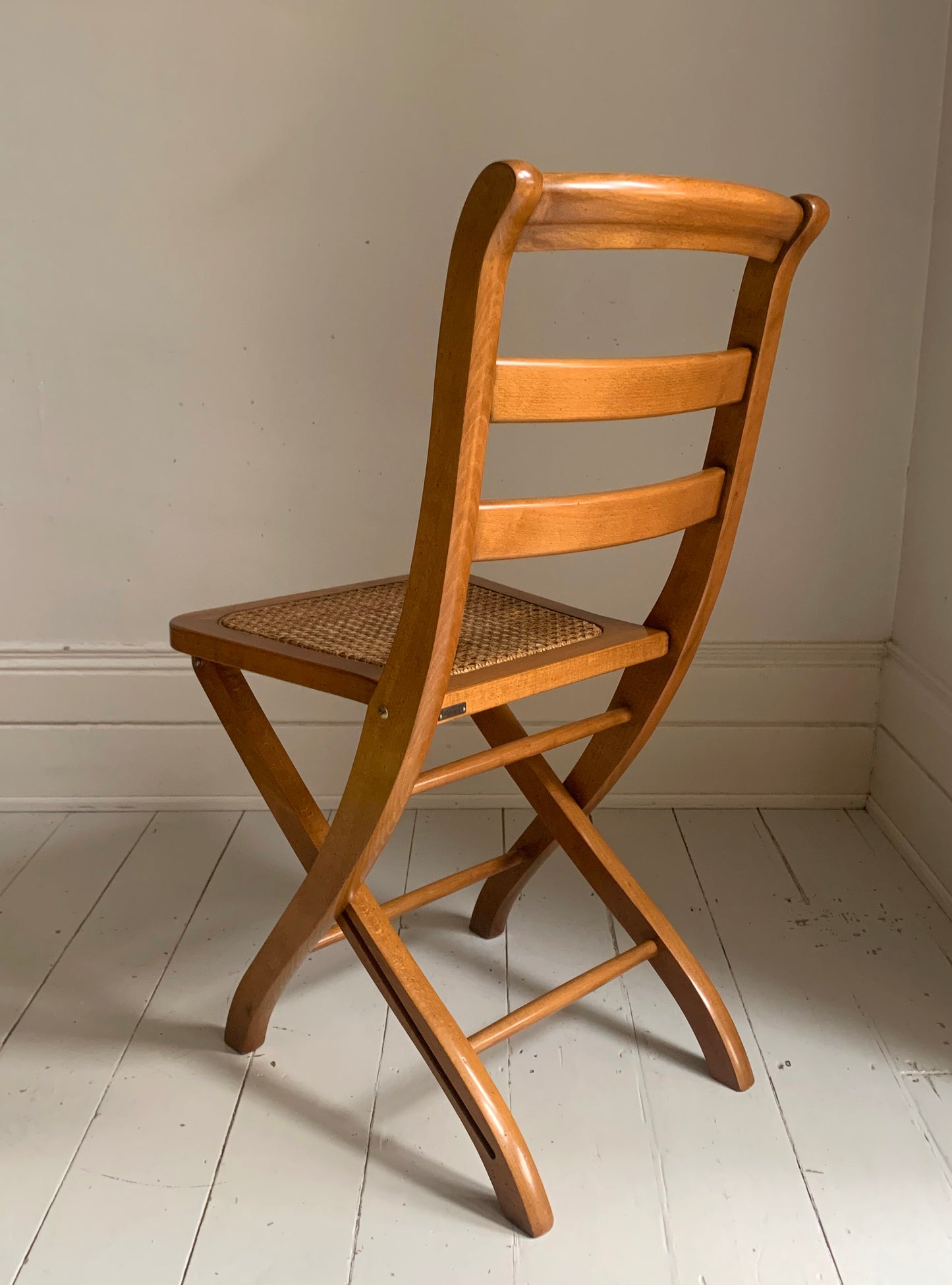 Vintage French Folding Wooden & Rattan Chair by Grange