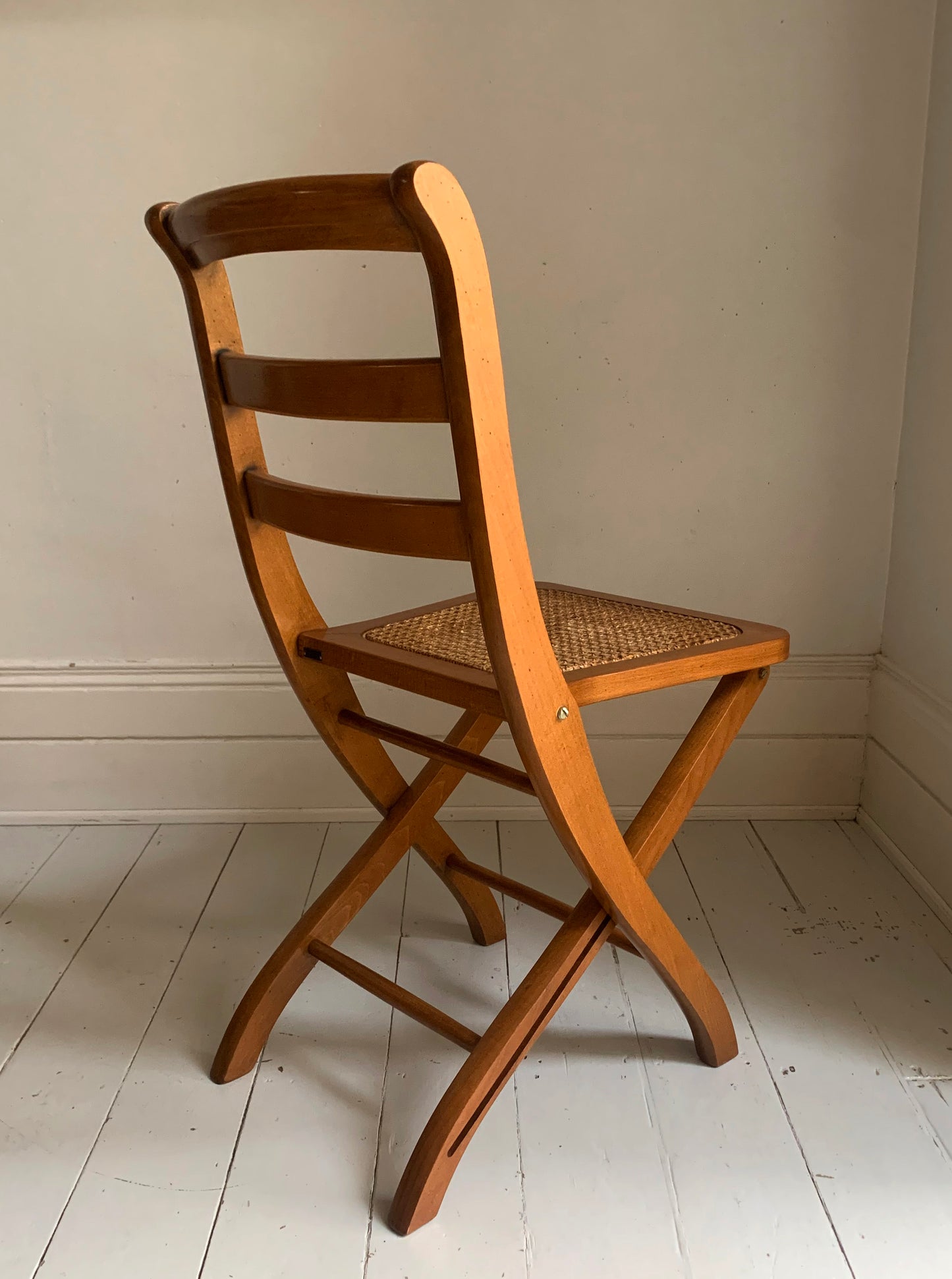 Vintage French Folding Wooden & Rattan Chair by Grange