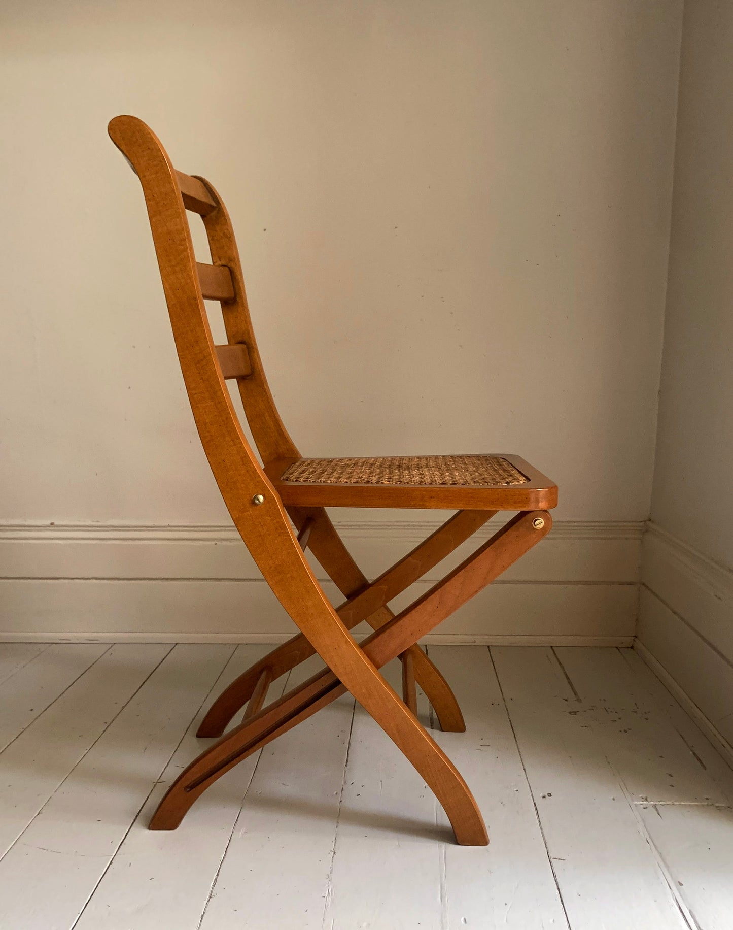Vintage French Folding Wooden & Rattan Chair by Grange