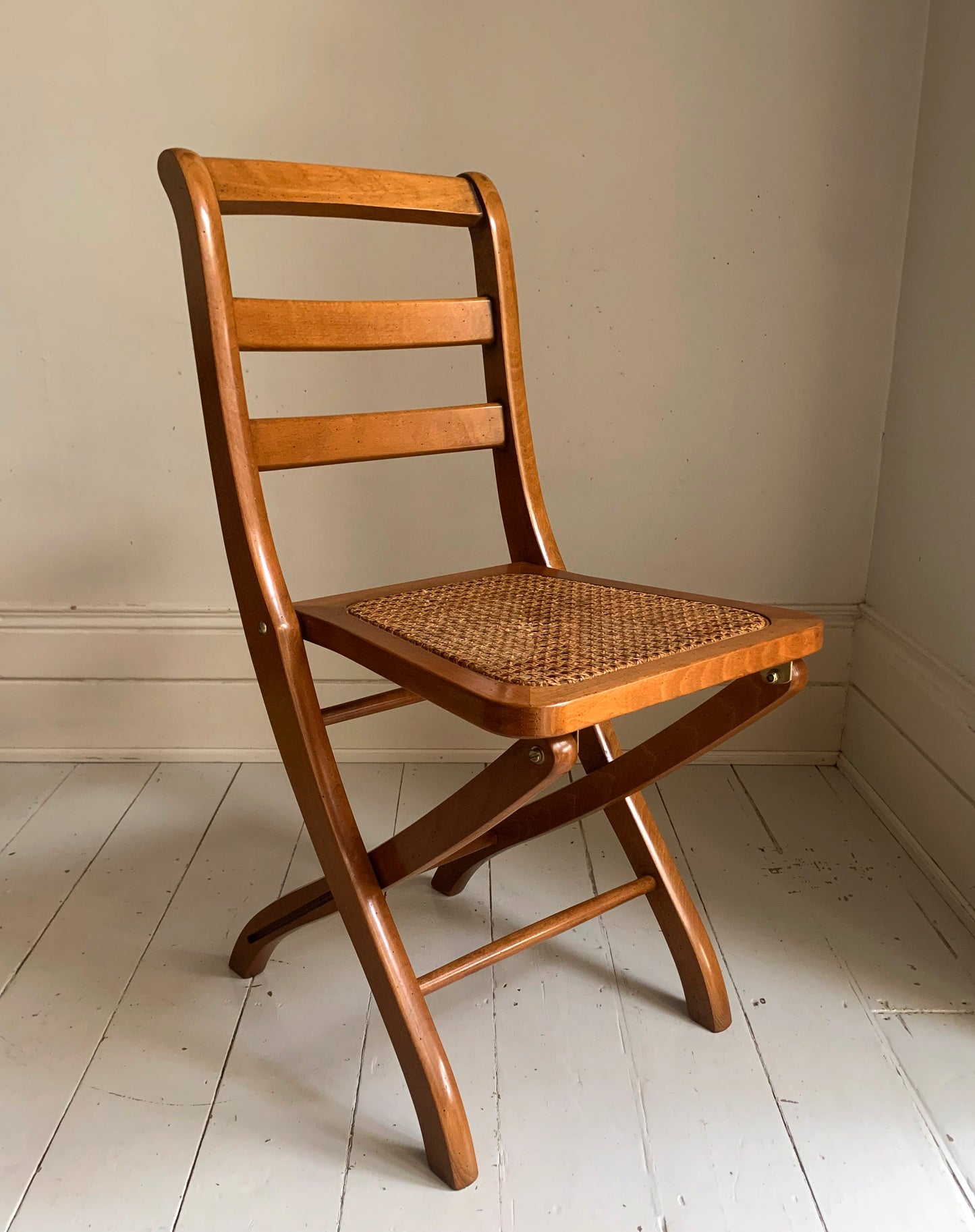 Vintage French Folding Wooden & Rattan Chair by Grange
