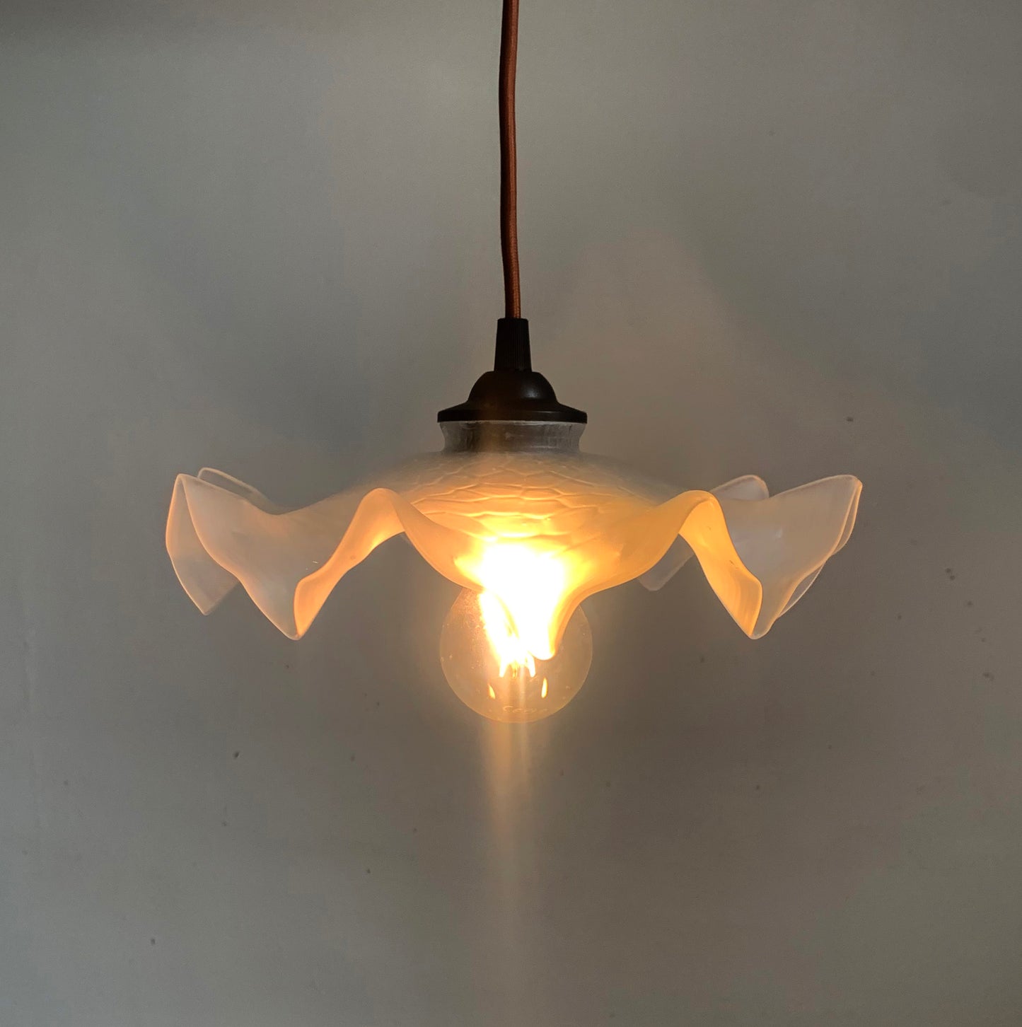 Vintage French White Opaque Glass Frilly Ceiling Pendant Light Shade - Tortoise