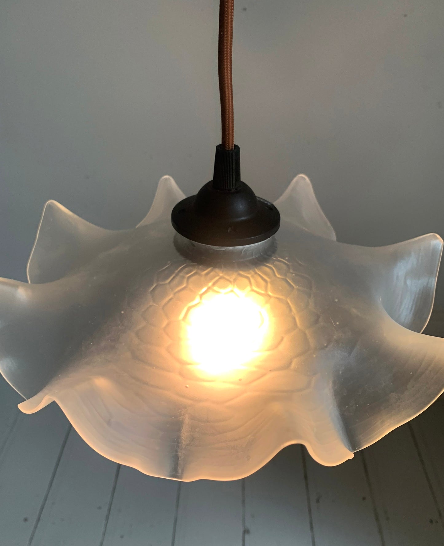 Vintage French White Opaque Glass Frilly Ceiling Pendant Light Shade - Tortoise