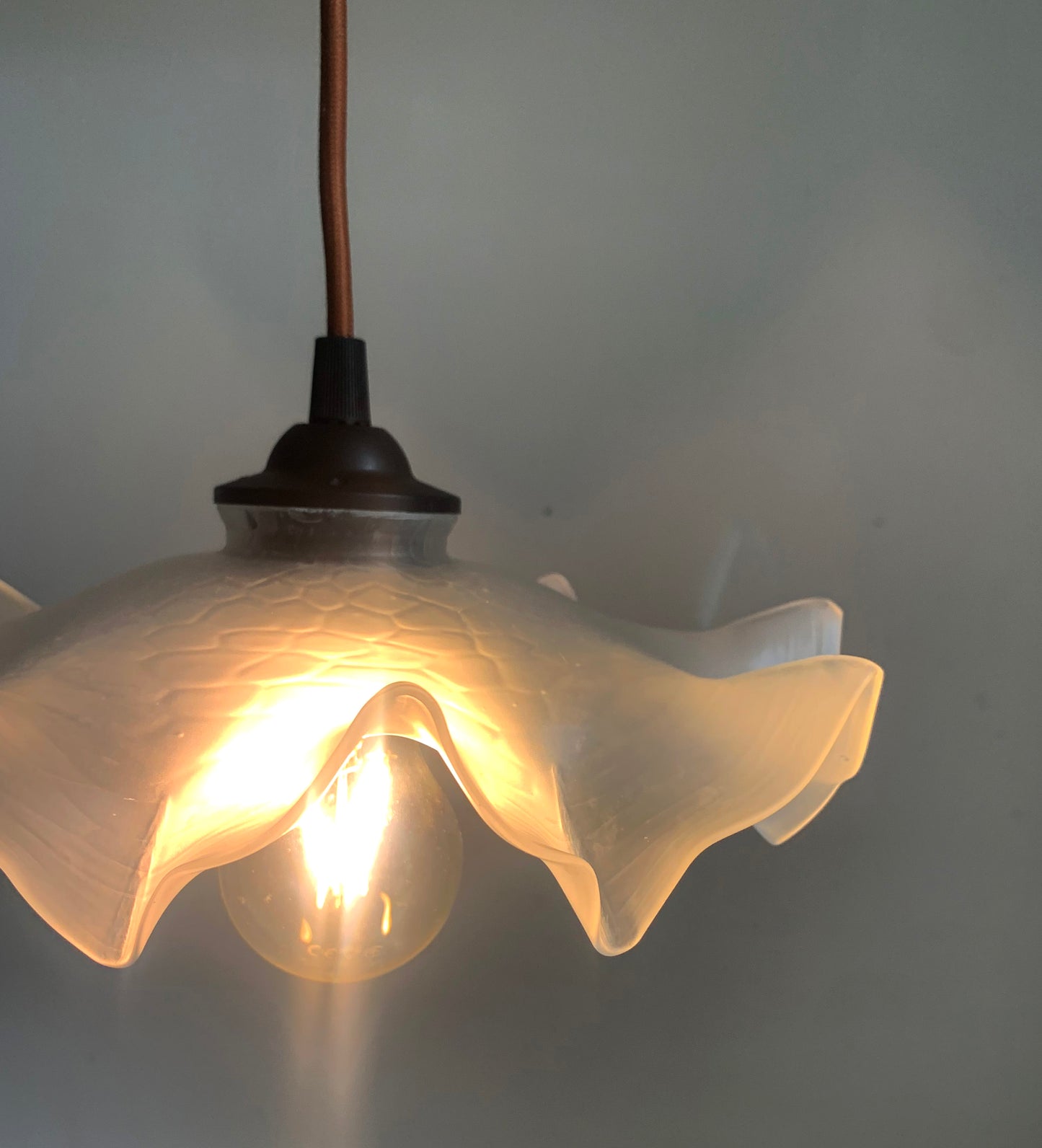 Vintage French White Opaque Glass Frilly Ceiling Pendant Light Shade - Tortoise