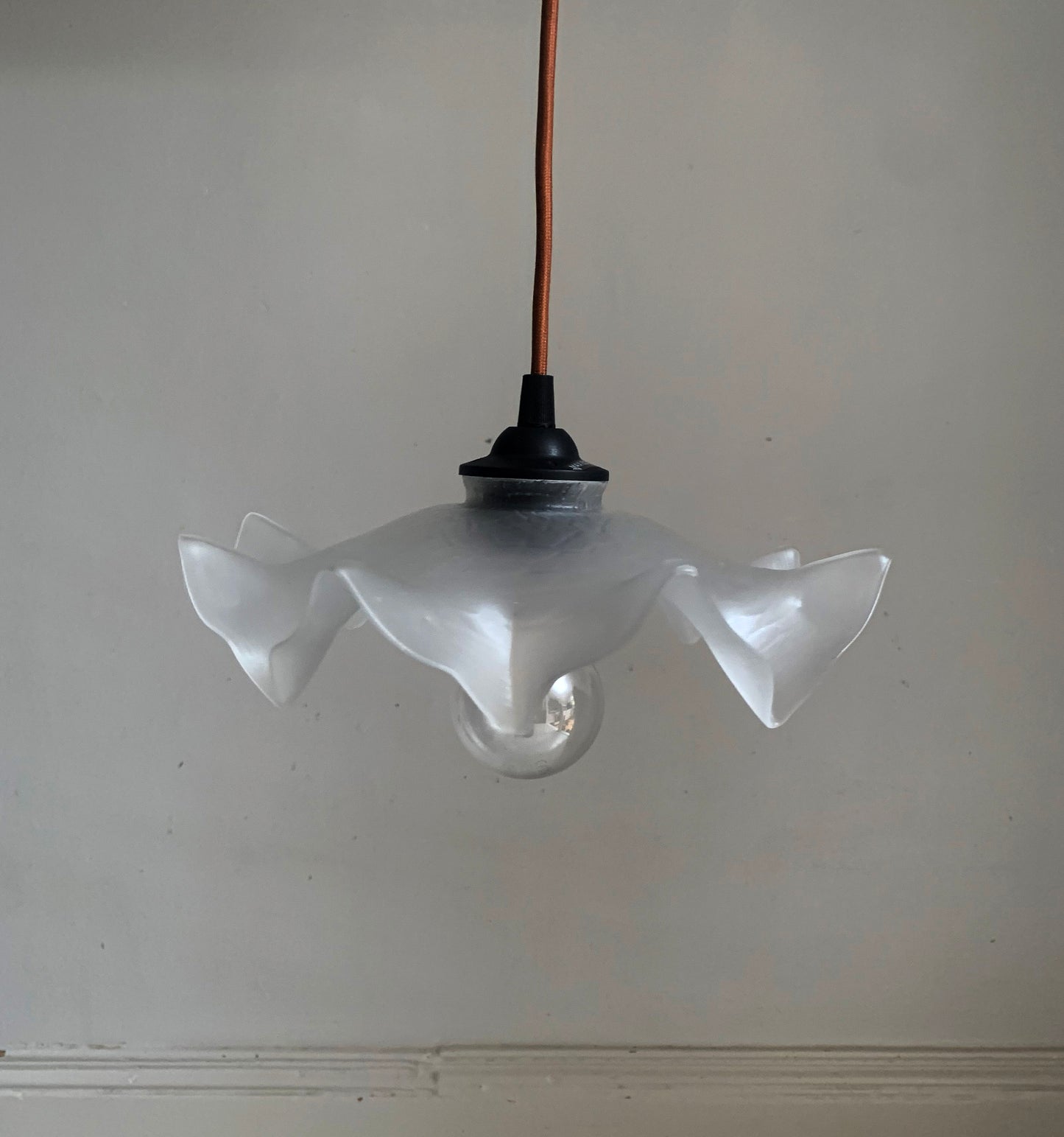 Vintage French White Opaque Glass Frilly Ceiling Pendant Light Shade - Tortoise