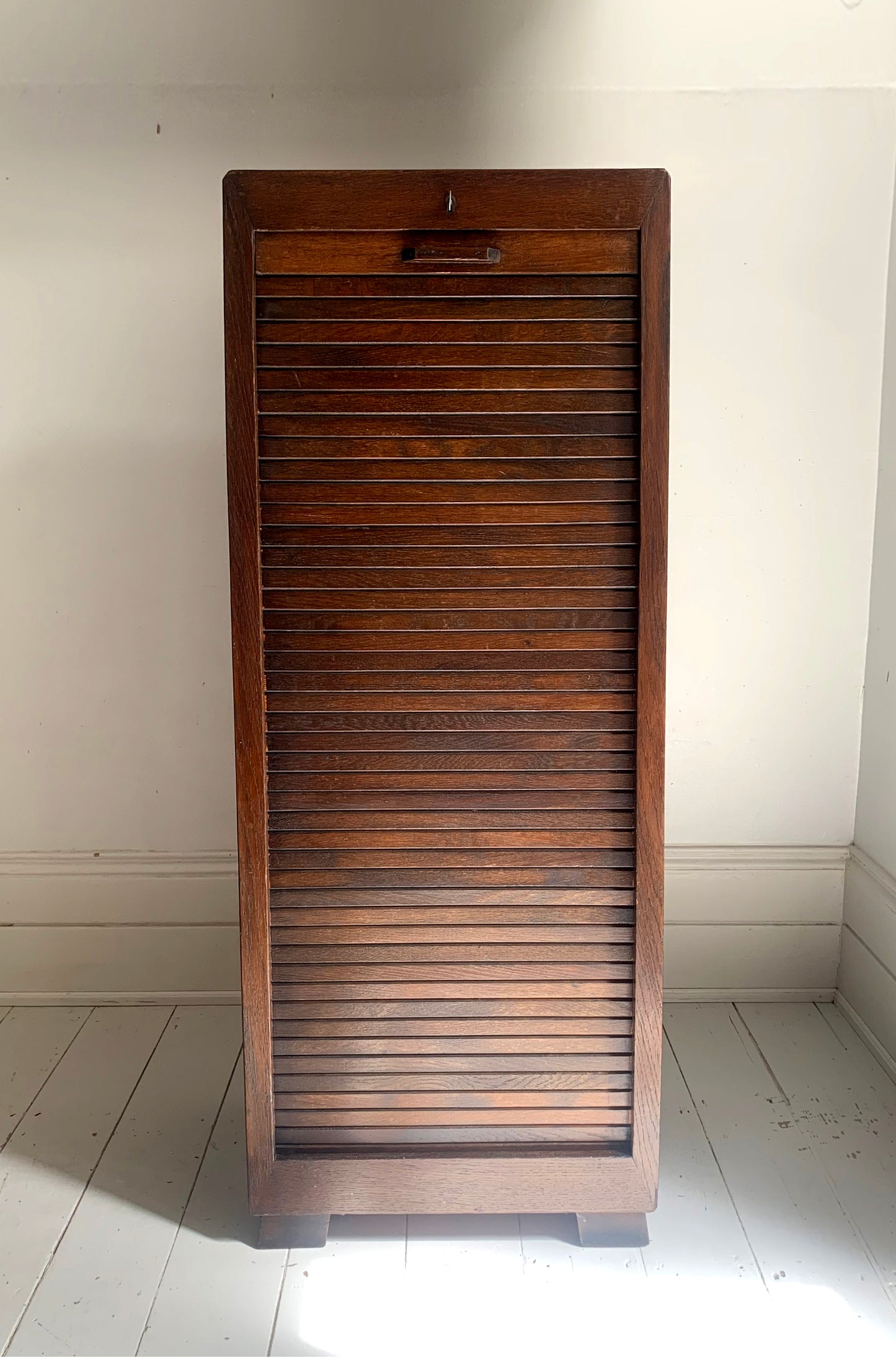 Vintage French Oak Tambour Free Standing Filing Cabinet With Pull Out Shelves