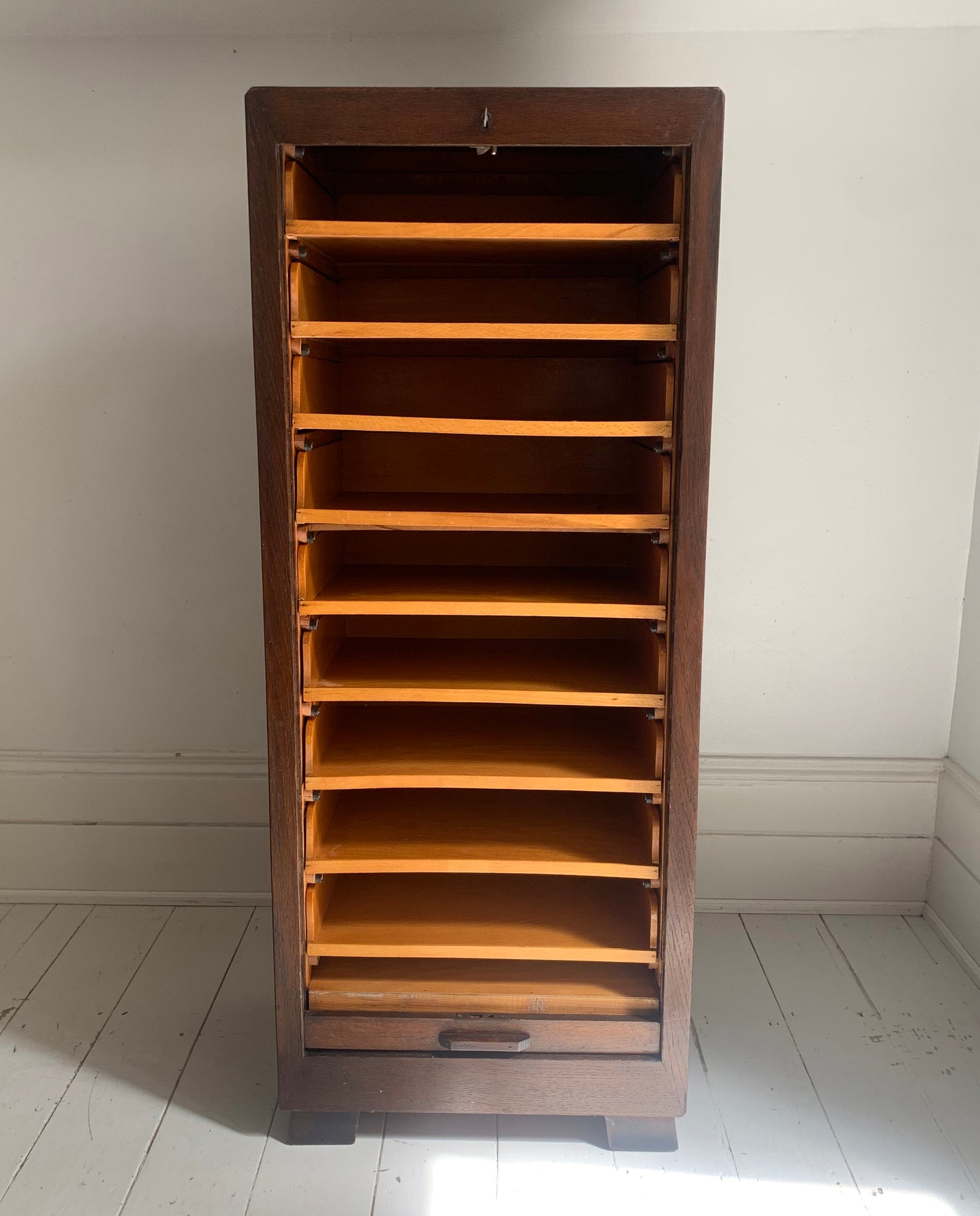 Vintage French Oak Tambour Free Standing Filing Cabinet With Pull Out Shelves
