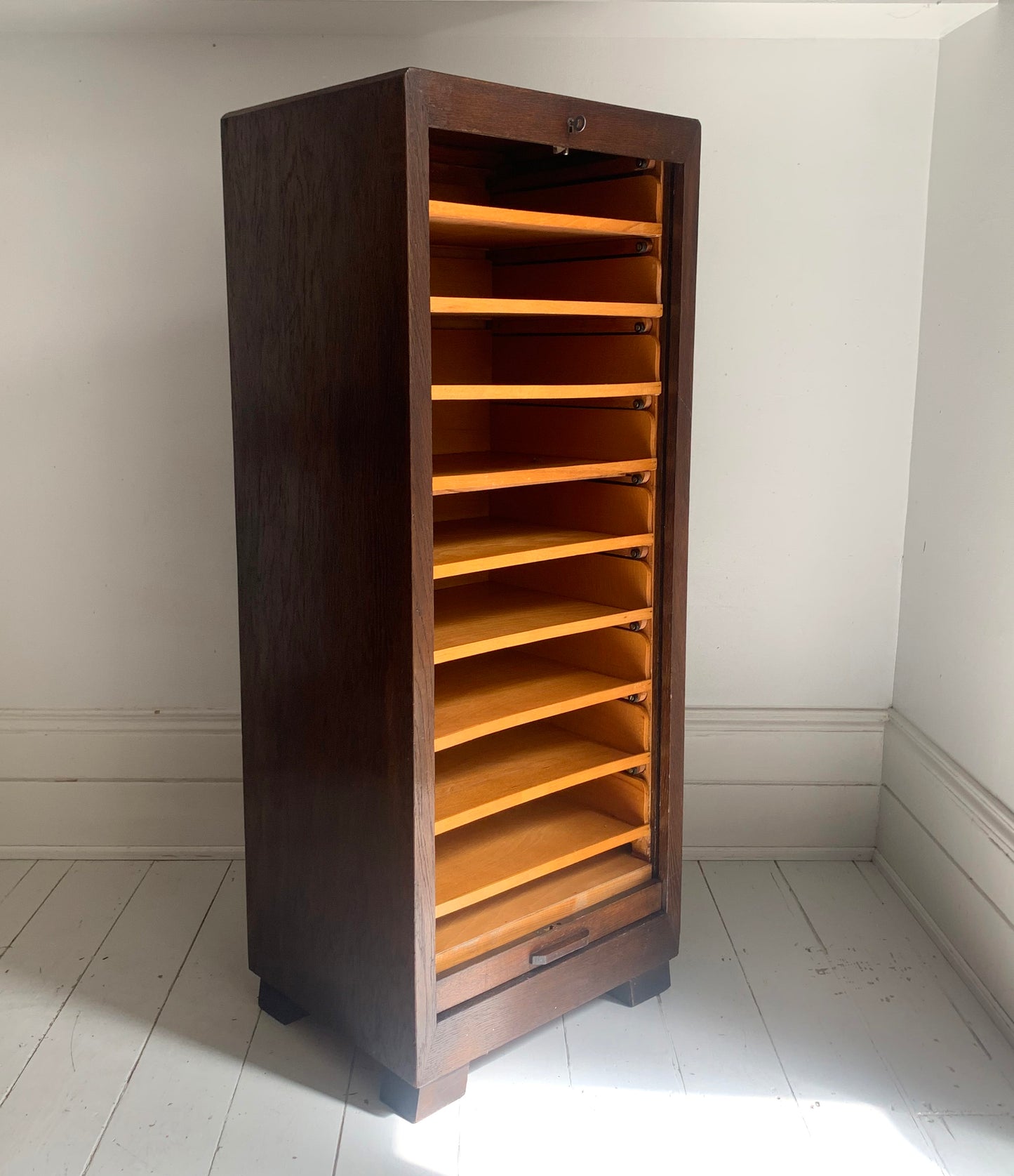 Vintage French Oak Tambour Free Standing Filing Cabinet With Pull Out Shelves