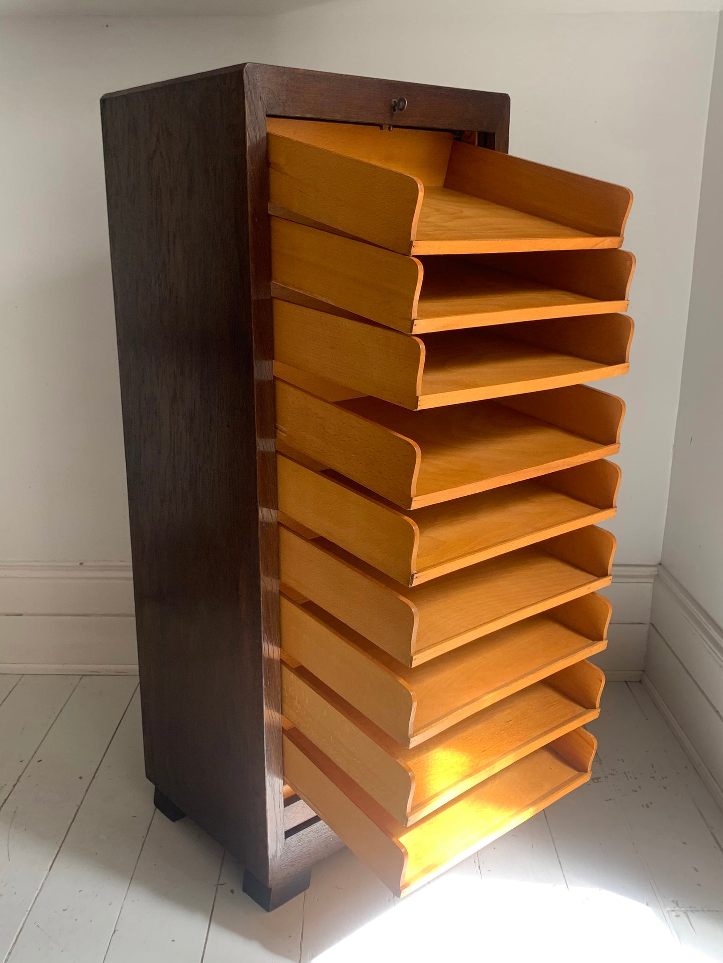 Vintage French Oak Tambour Free Standing Filing Cabinet With Pull Out Shelves