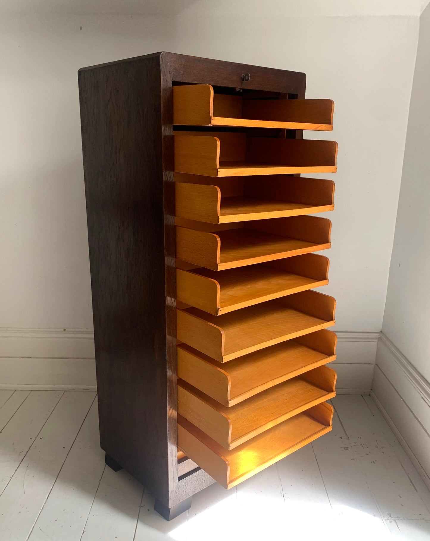 Vintage French Oak Tambour Free Standing Filing Cabinet With Pull Out Shelves