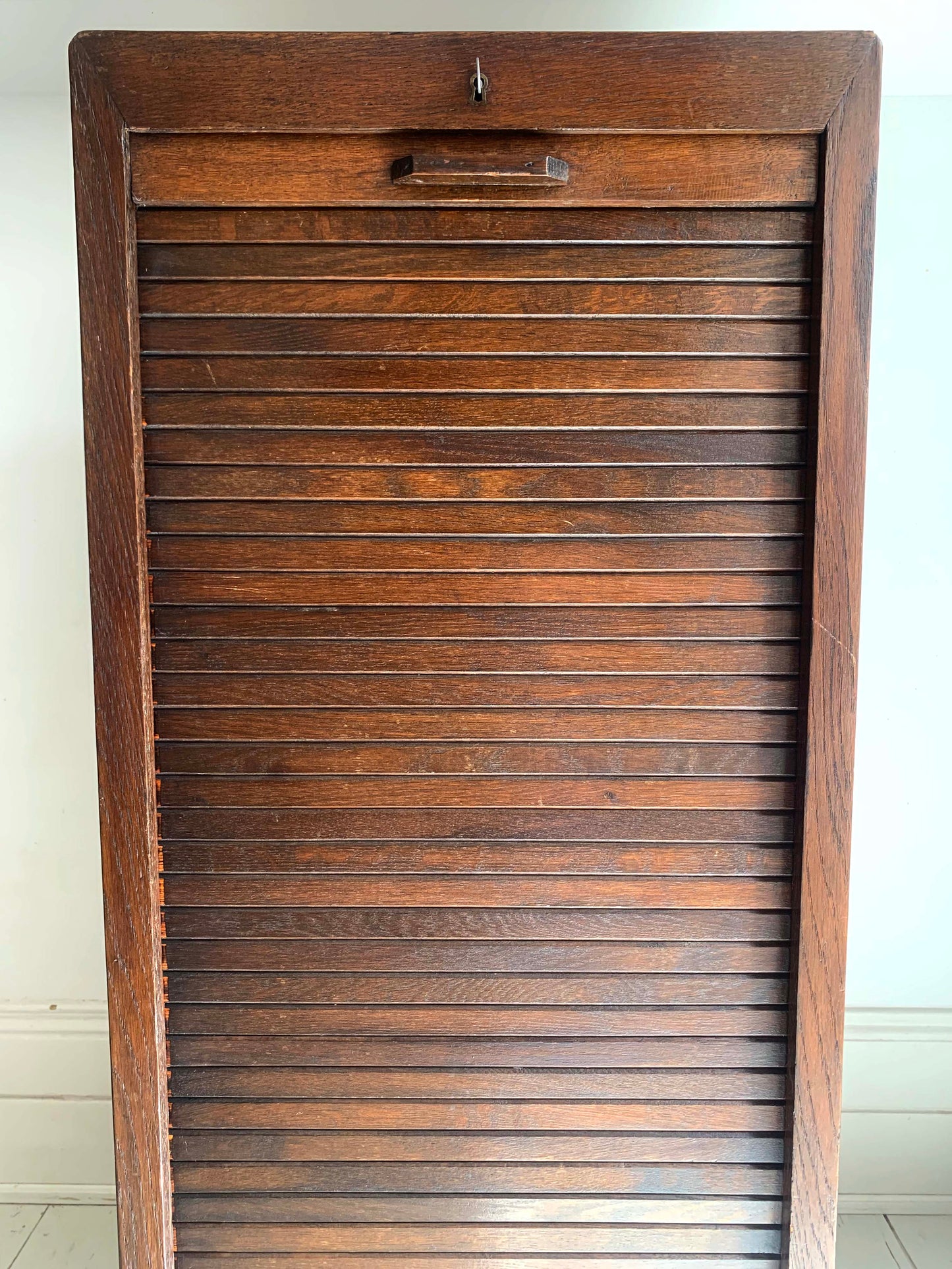 Vintage French Oak Tambour Free Standing Filing Cabinet With Pull Out Shelves