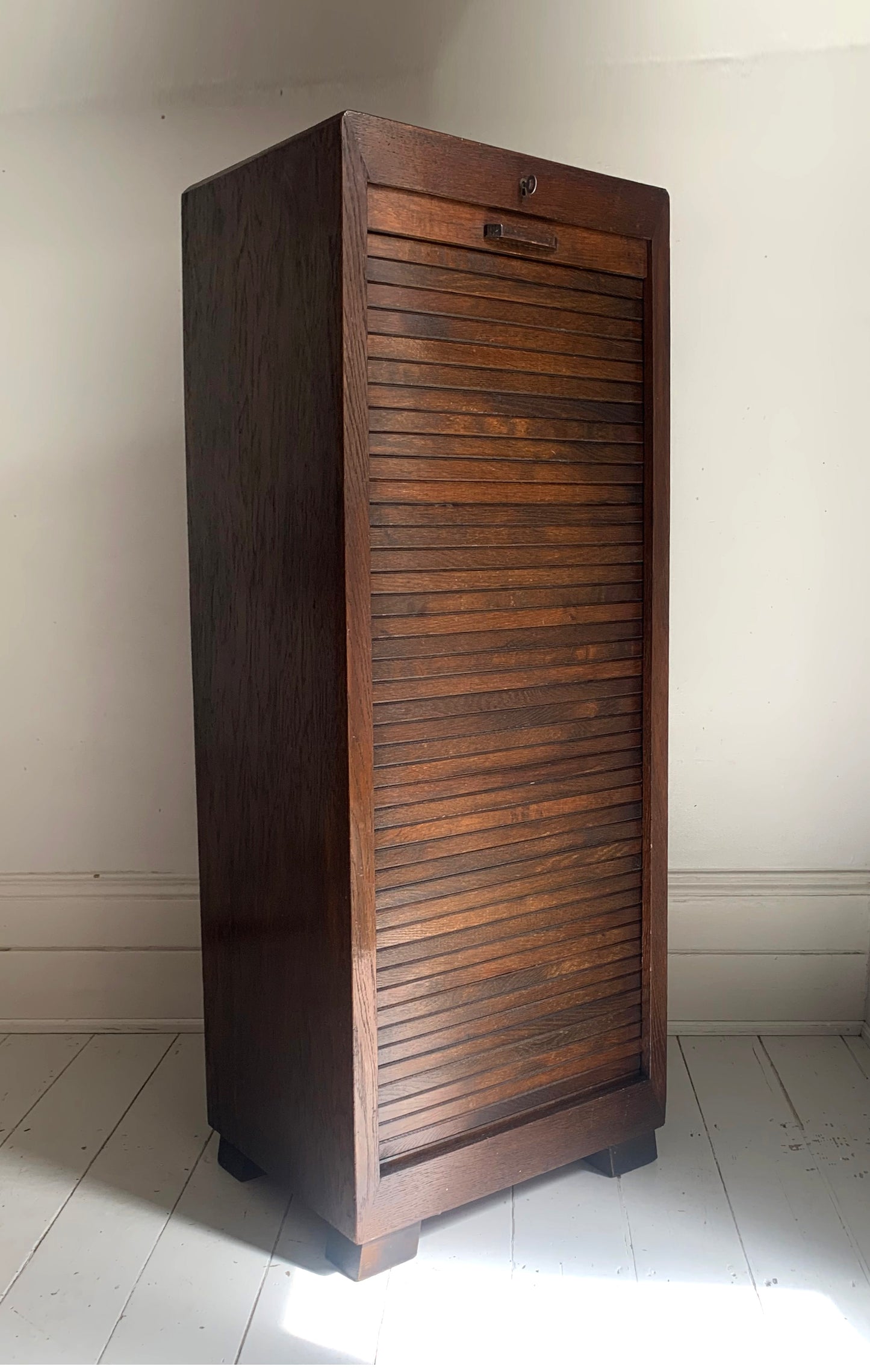 Vintage French Oak Tambour Free Standing Filing Cabinet With Pull Out Shelves