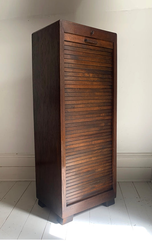 Vintage French Oak Tambour Free Standing Filing Cabinet With Pull Out Shelves